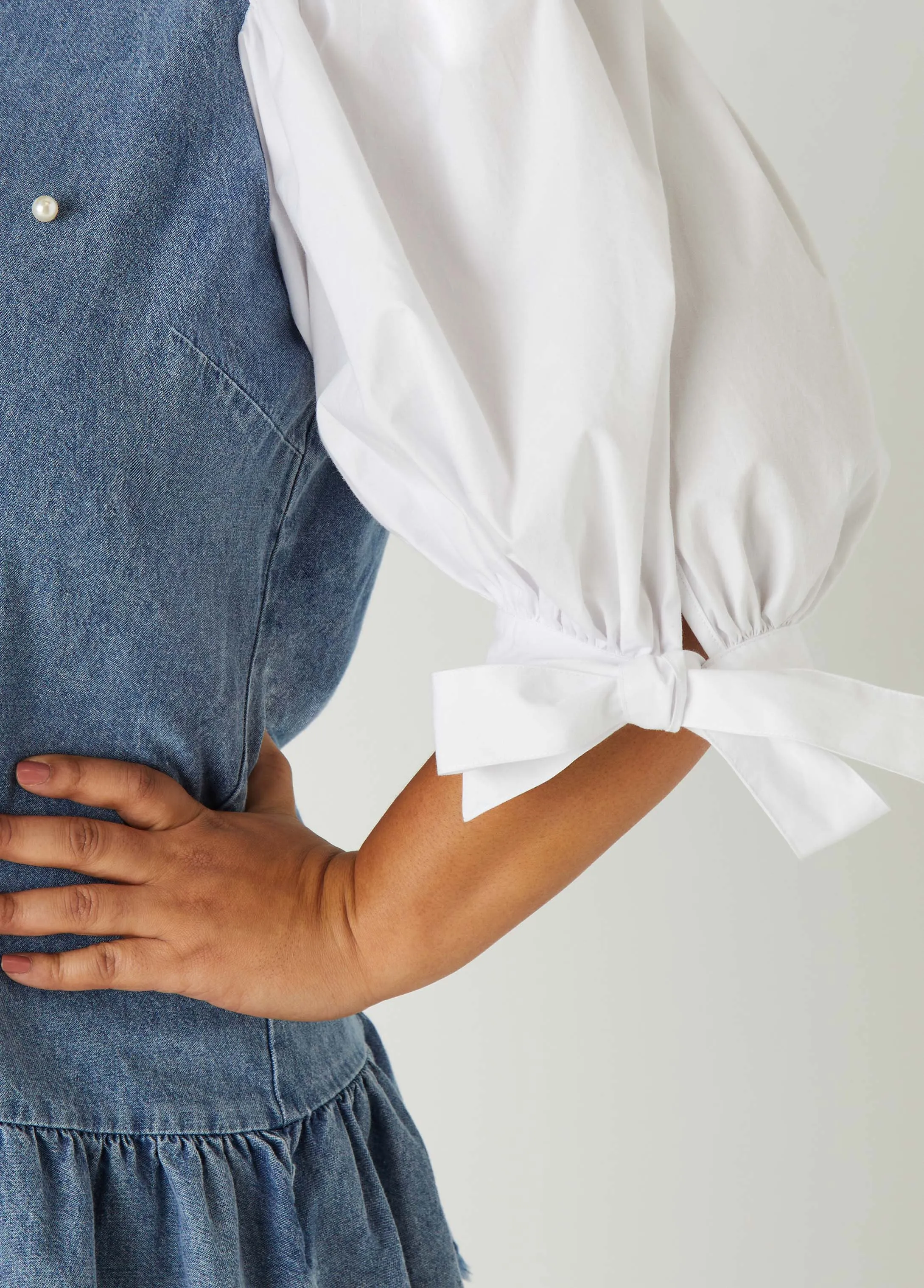 Faux Pearl Poplin And Denim Top sold by Ashley Stewart product image thumbnail 4