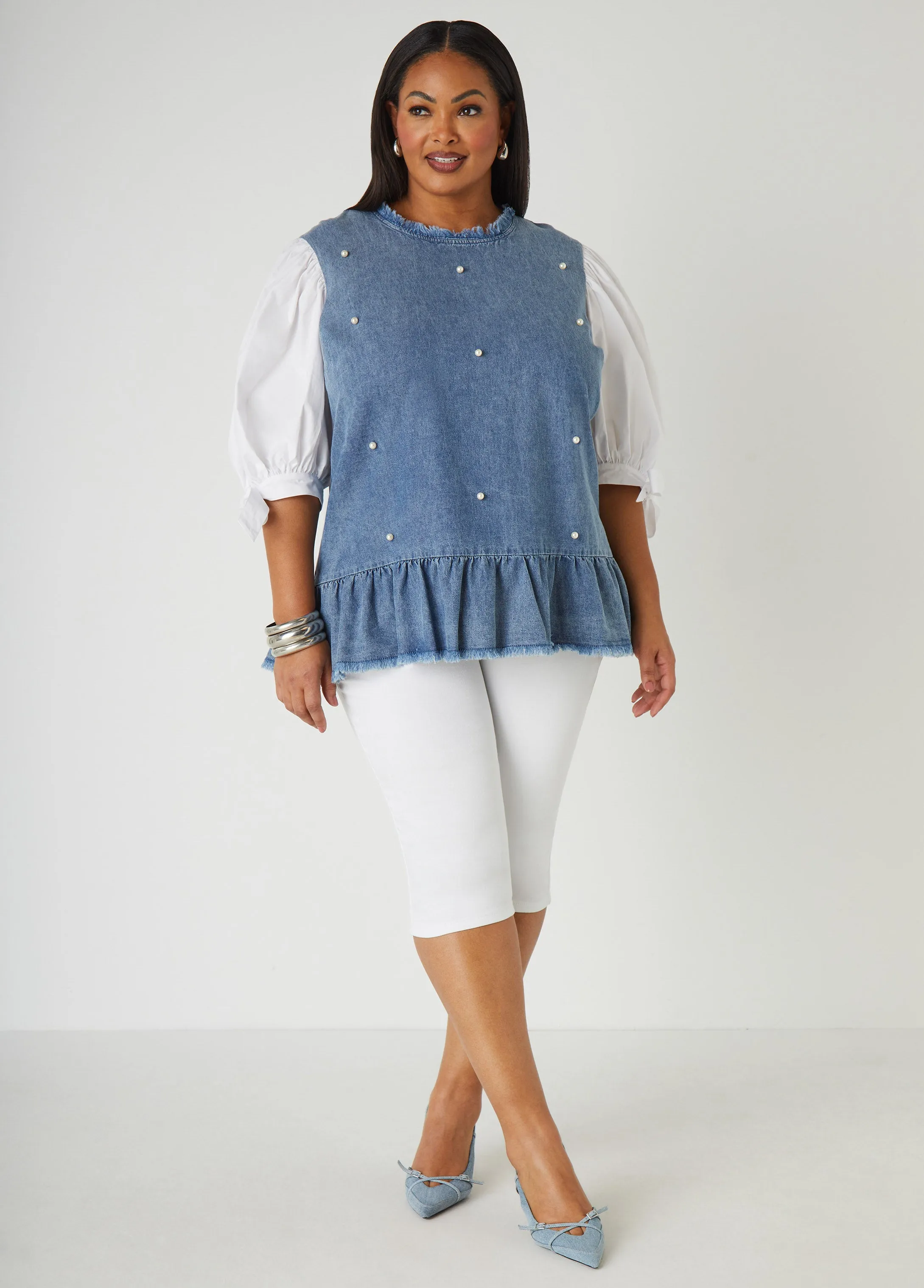 Faux Pearl Poplin And Denim Top sold by Ashley Stewart product image thumbnail 3