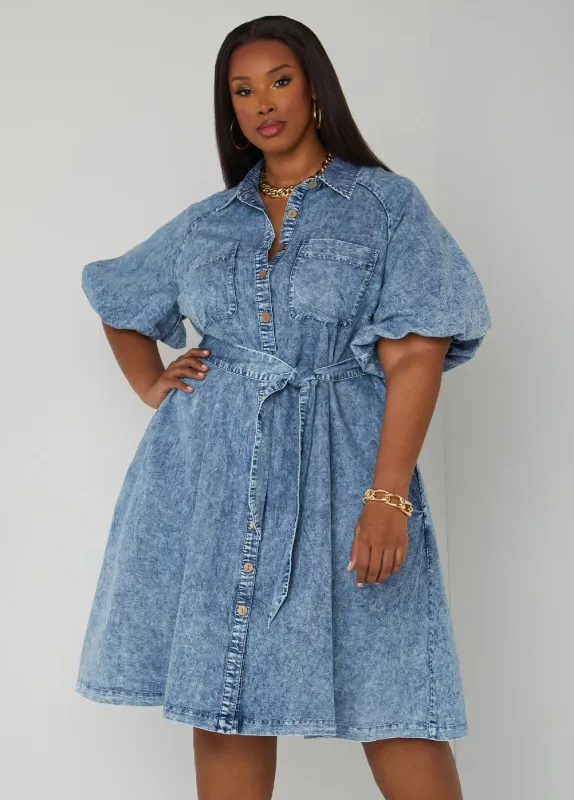 Acid Wash Chambray Shirtdress sold by Ashley Stewart