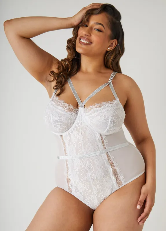 Caged Lace And Mesh Bodysuit sold by Ashley Stewart