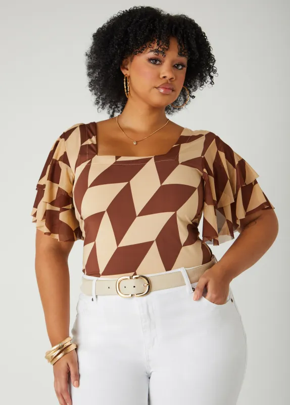Tiered Sleeve Geo Print Top sold by Ashley Stewart