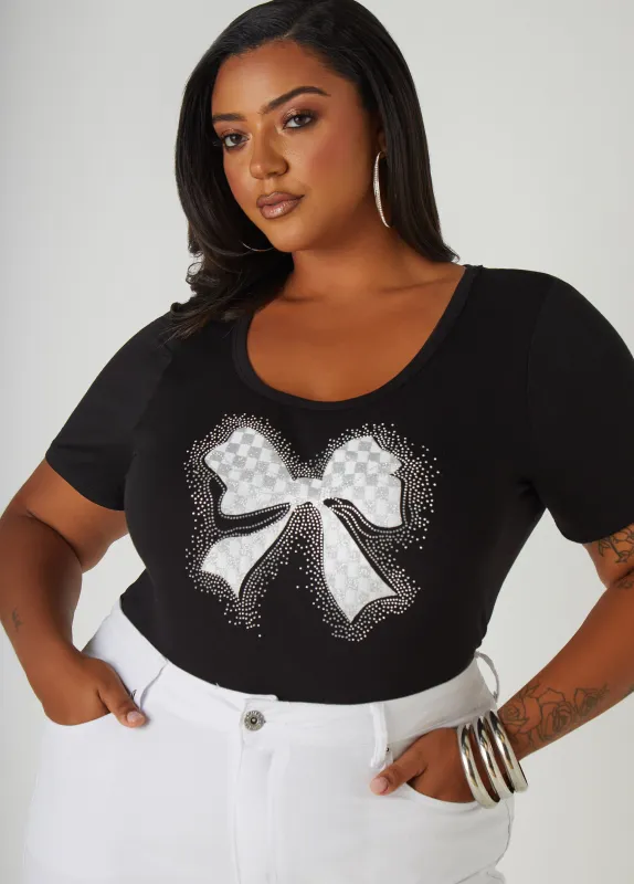 Bow Embellished Stretch Knit Tee sold by Ashley Stewart