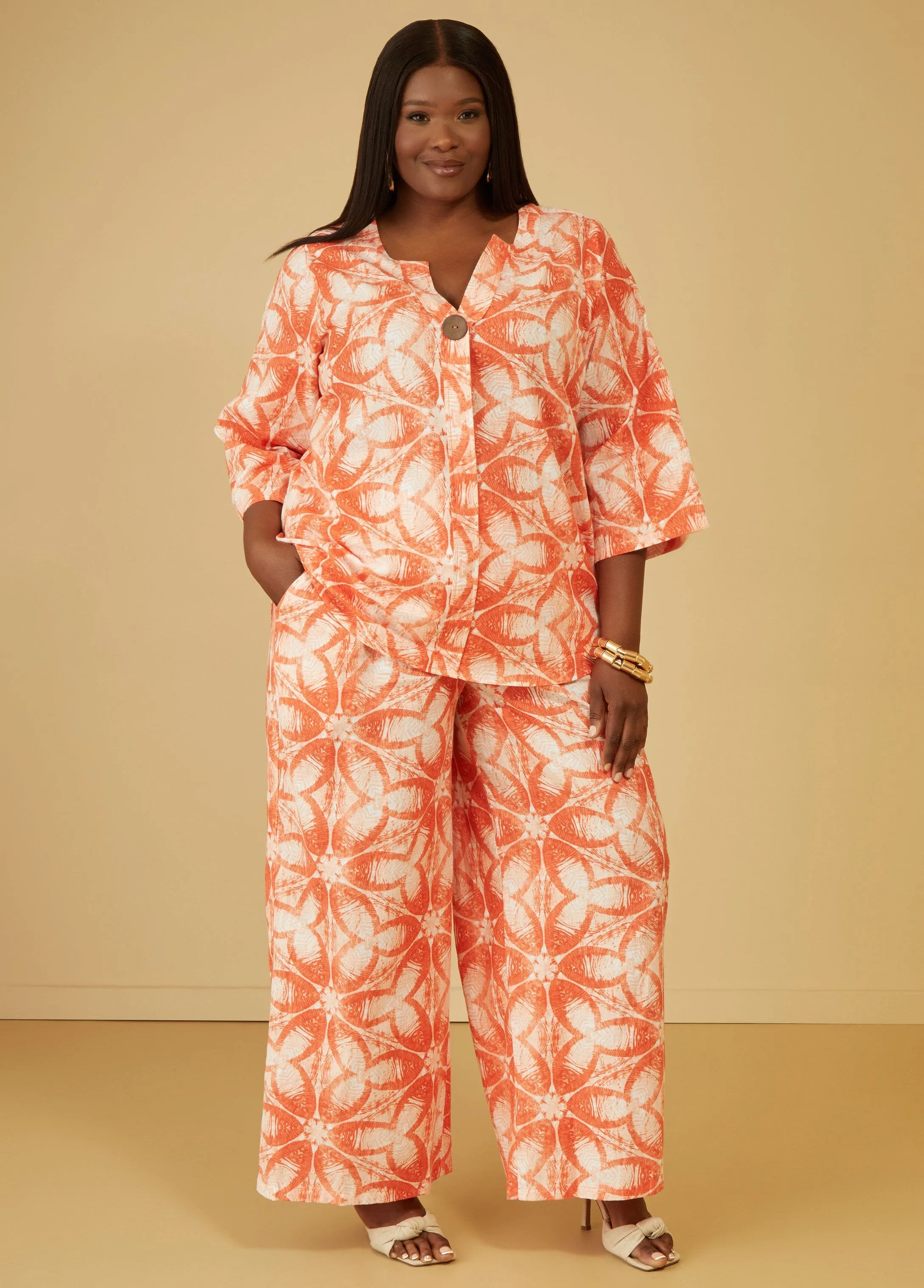 Printed Embellished Linen Blend Top sold by Ashley Stewart product image thumbnail 4