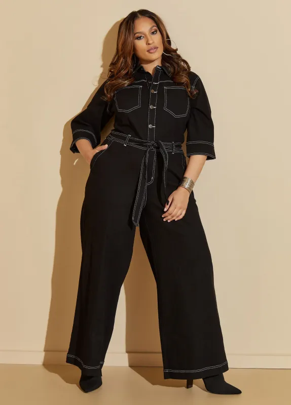 Straight Leg Denim Jumpsuit sold by Ashley Stewart