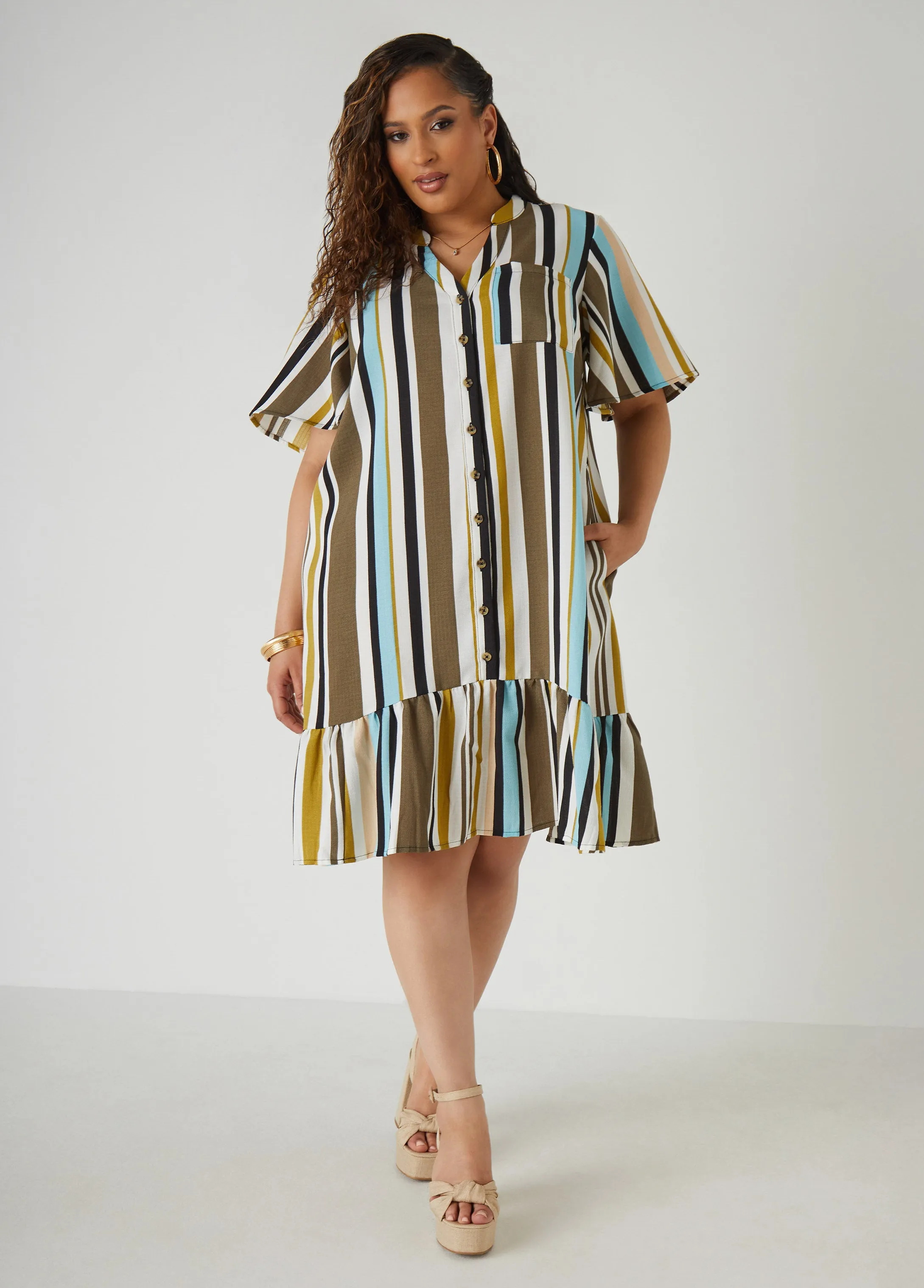 Flounced Striped Shirtdress sold by Ashley Stewart
