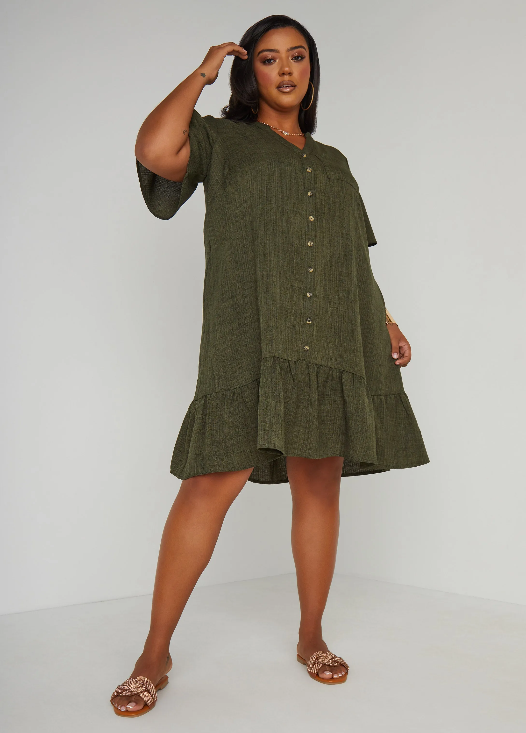Flounced Slub Woven Shirtdress sold by Ashley Stewart product image thumbnail 3