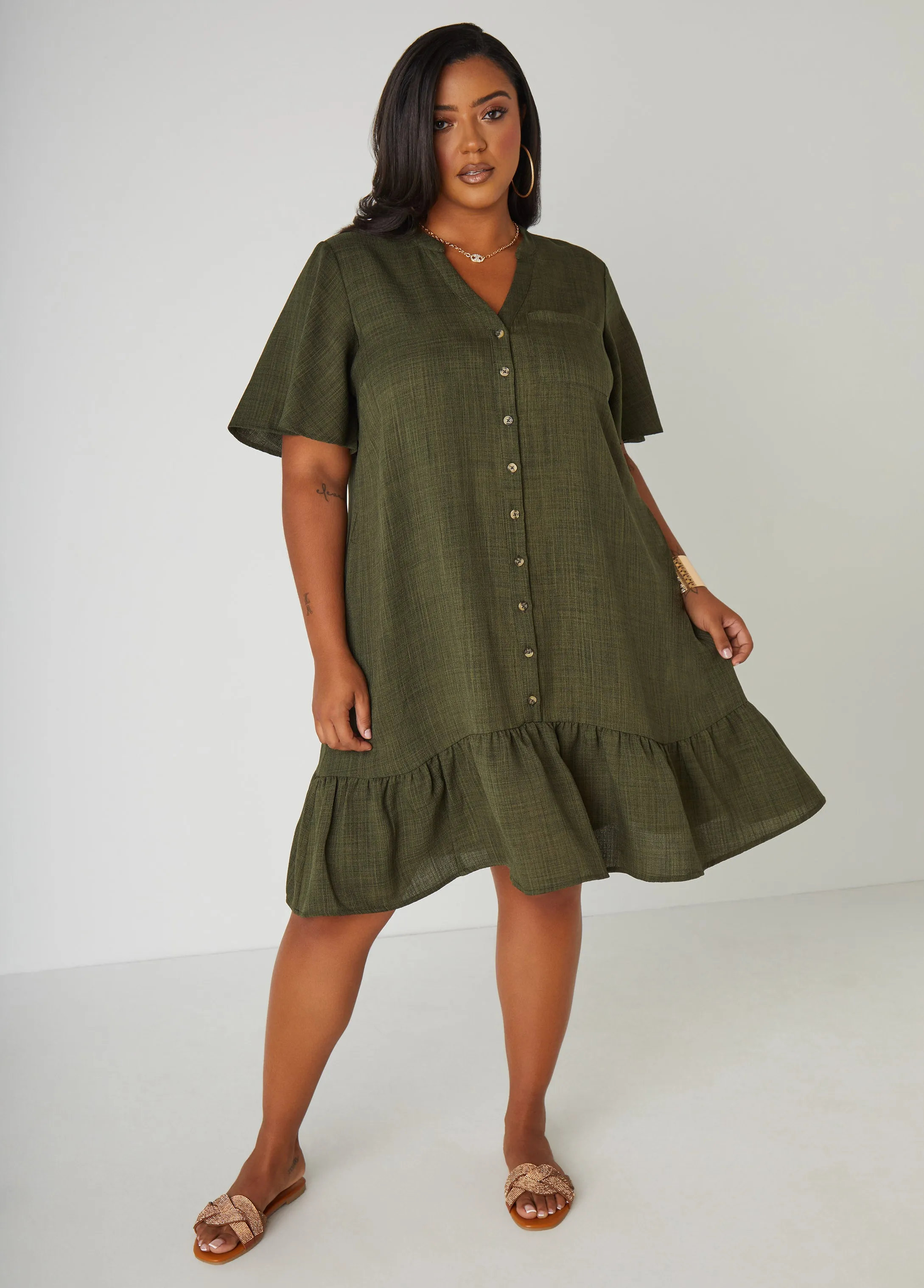 Flounced Slub Woven Shirtdress sold by Ashley Stewart
