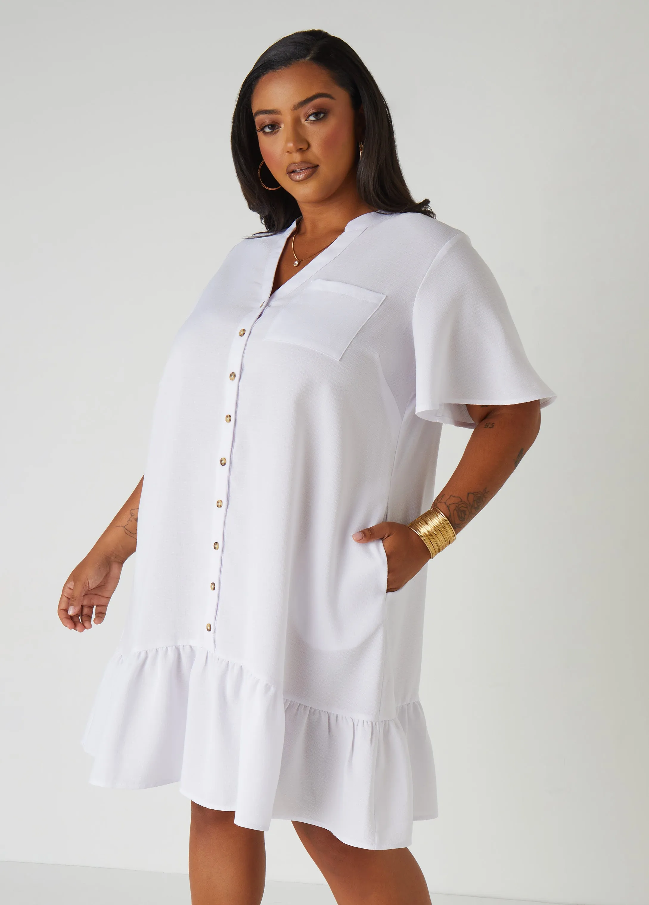 Slub Woven Flounced Shirtdress sold by Ashley Stewart product image thumbnail 3
