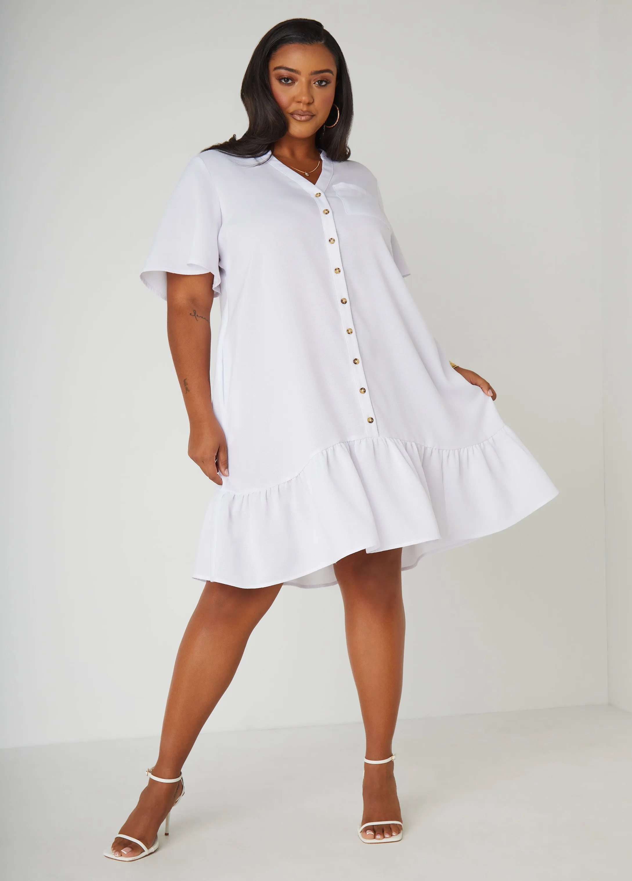 Slub Woven Flounced Shirtdress sold by Ashley Stewart