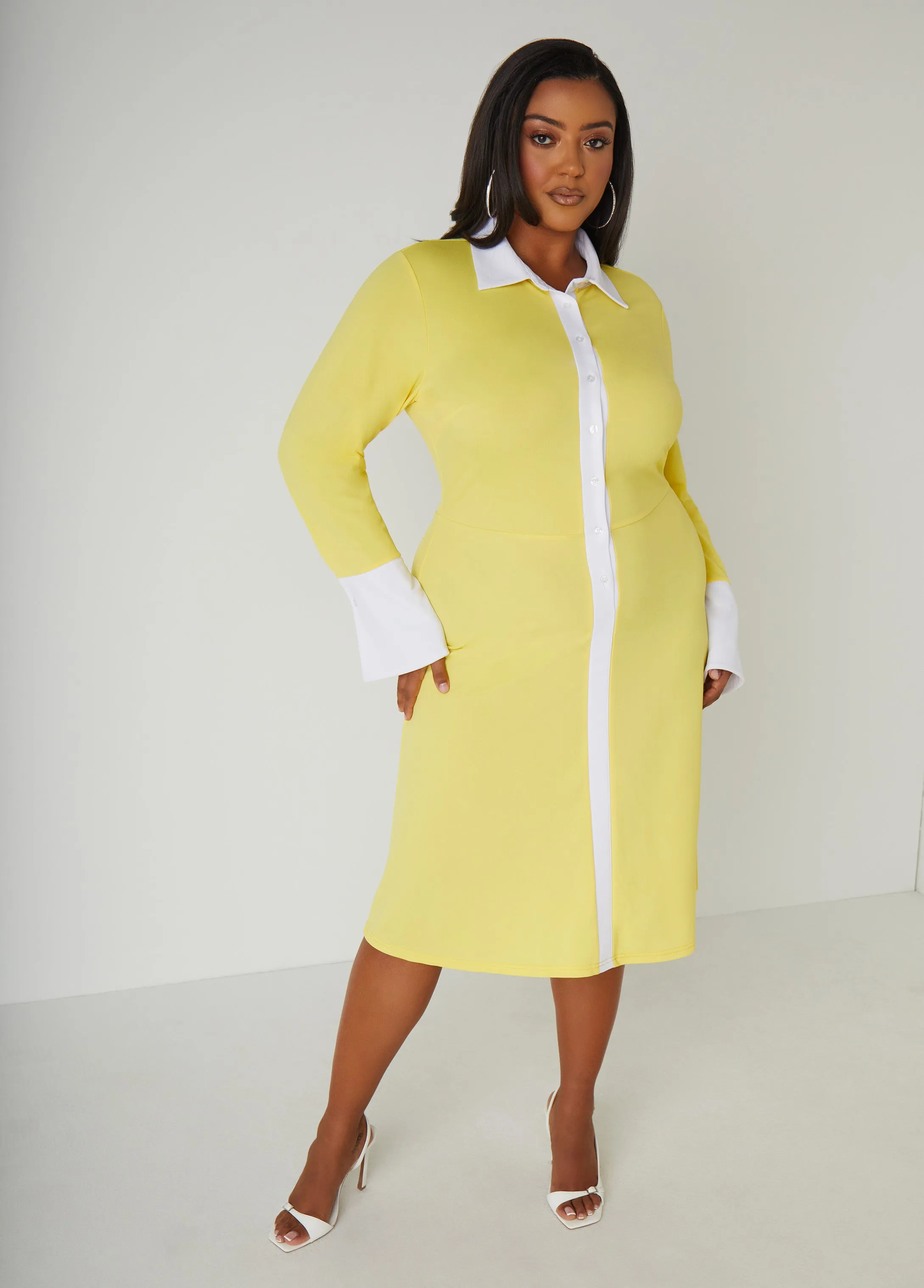 Two Tone Bell Sleeved Shirtdress sold by Ashley Stewart product image thumbnail 3