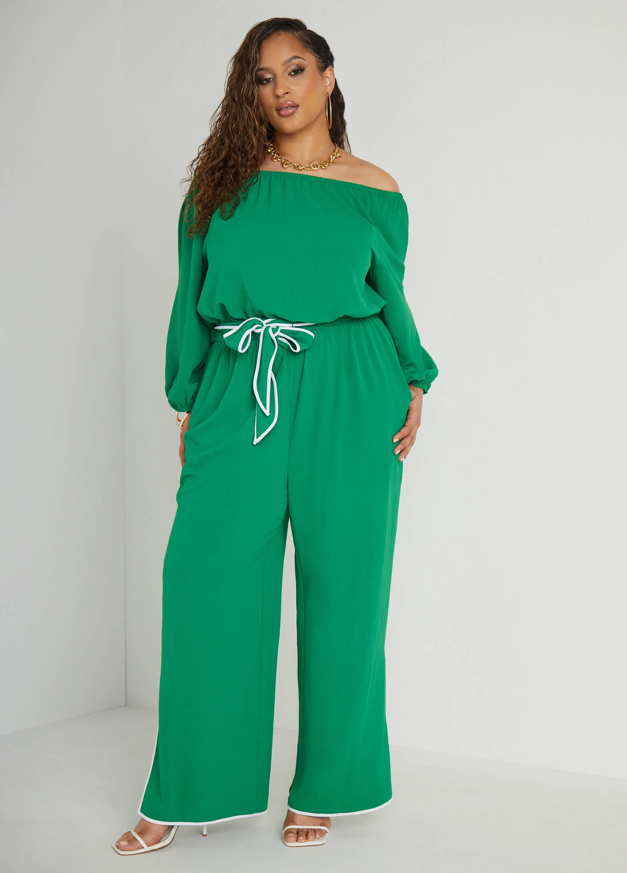 Belted Off The Shoulder Jumpsuit sold by Ashley Stewart