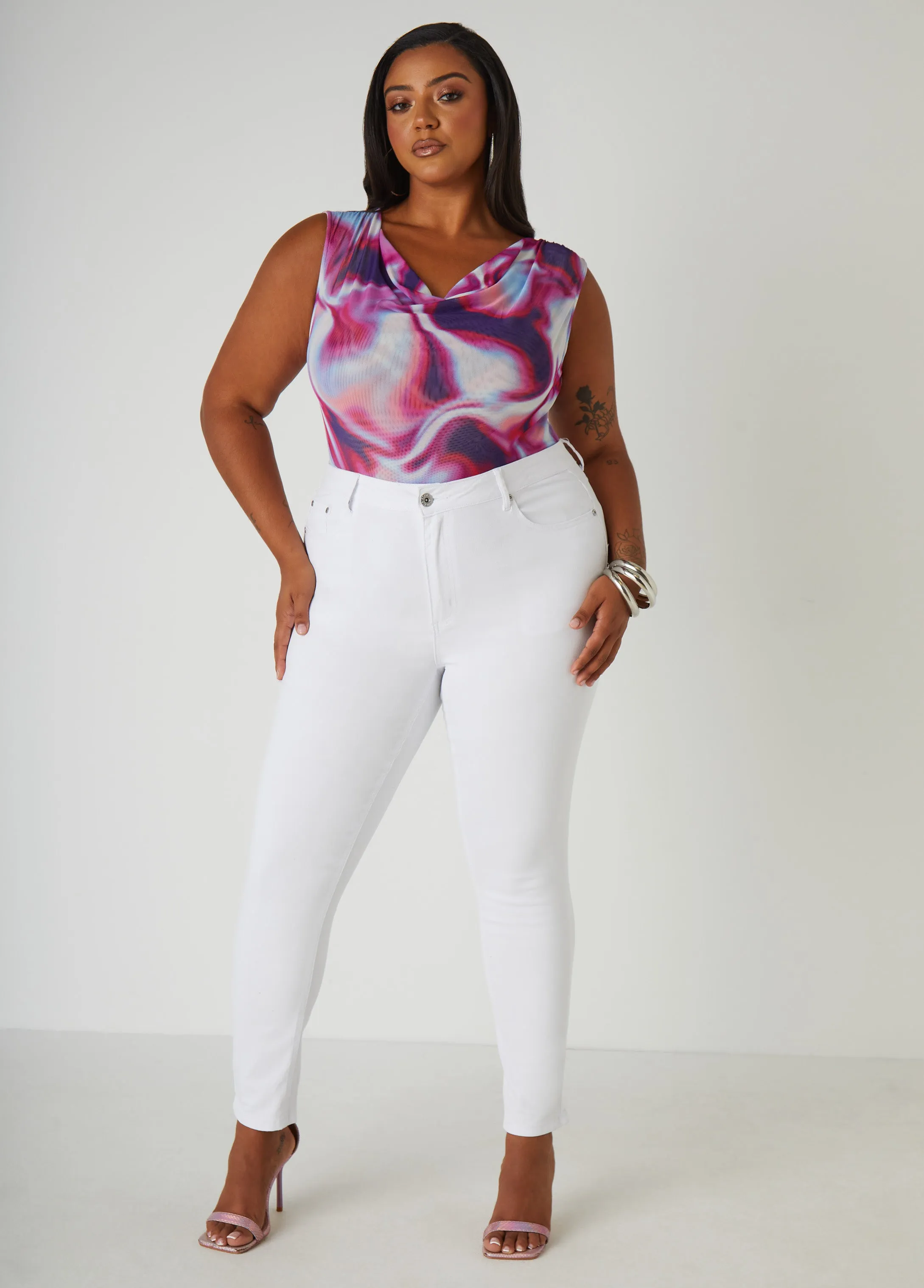 Cowl Neck Abstract Print Mesh Top sold by Ashley Stewart product image thumbnail 4