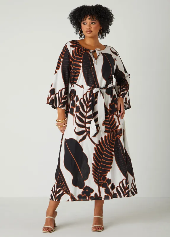 Belted Leaf Print Maxi Dress sold by Ashley Stewart