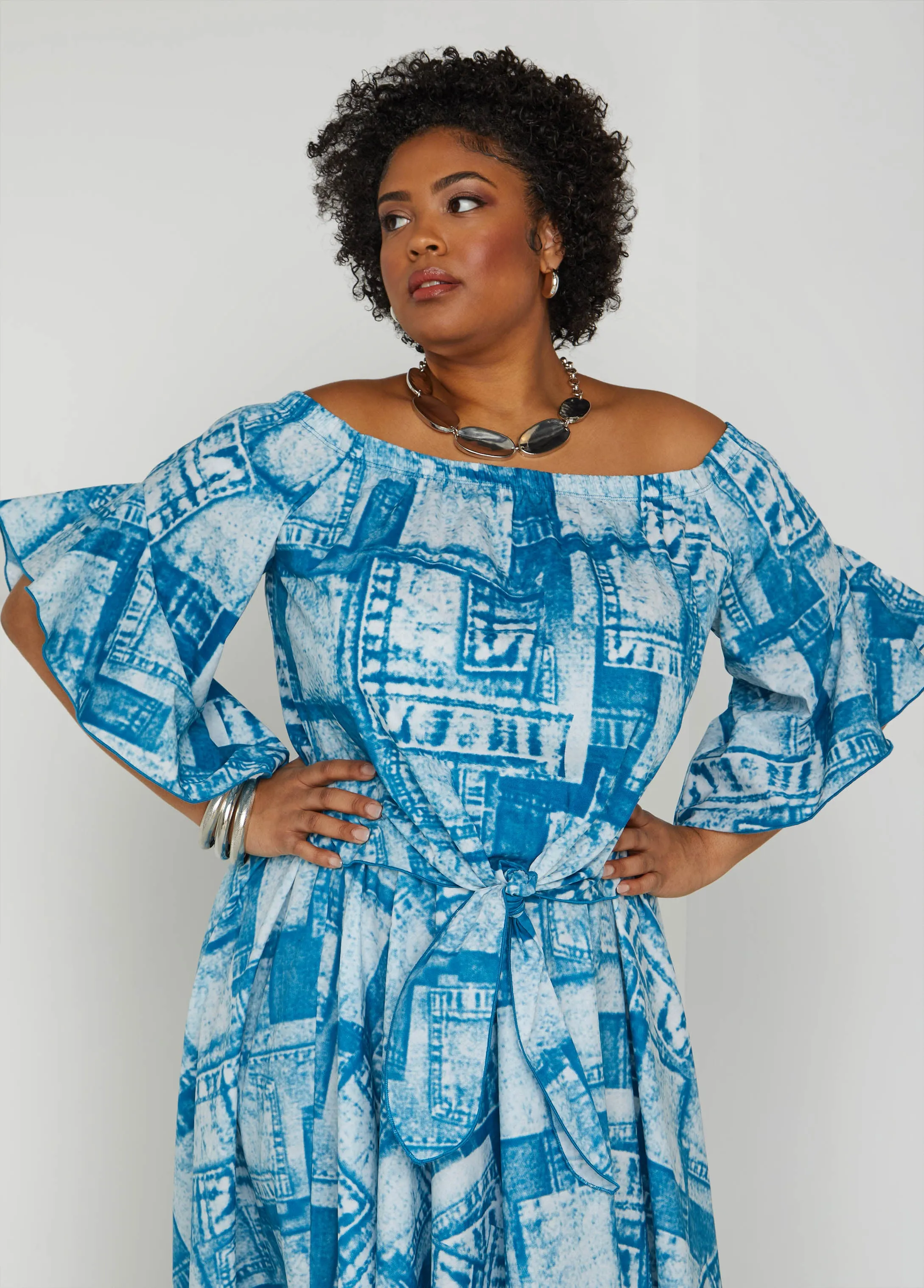 Off The Shoulder Denim Print Top sold by Ashley Stewart