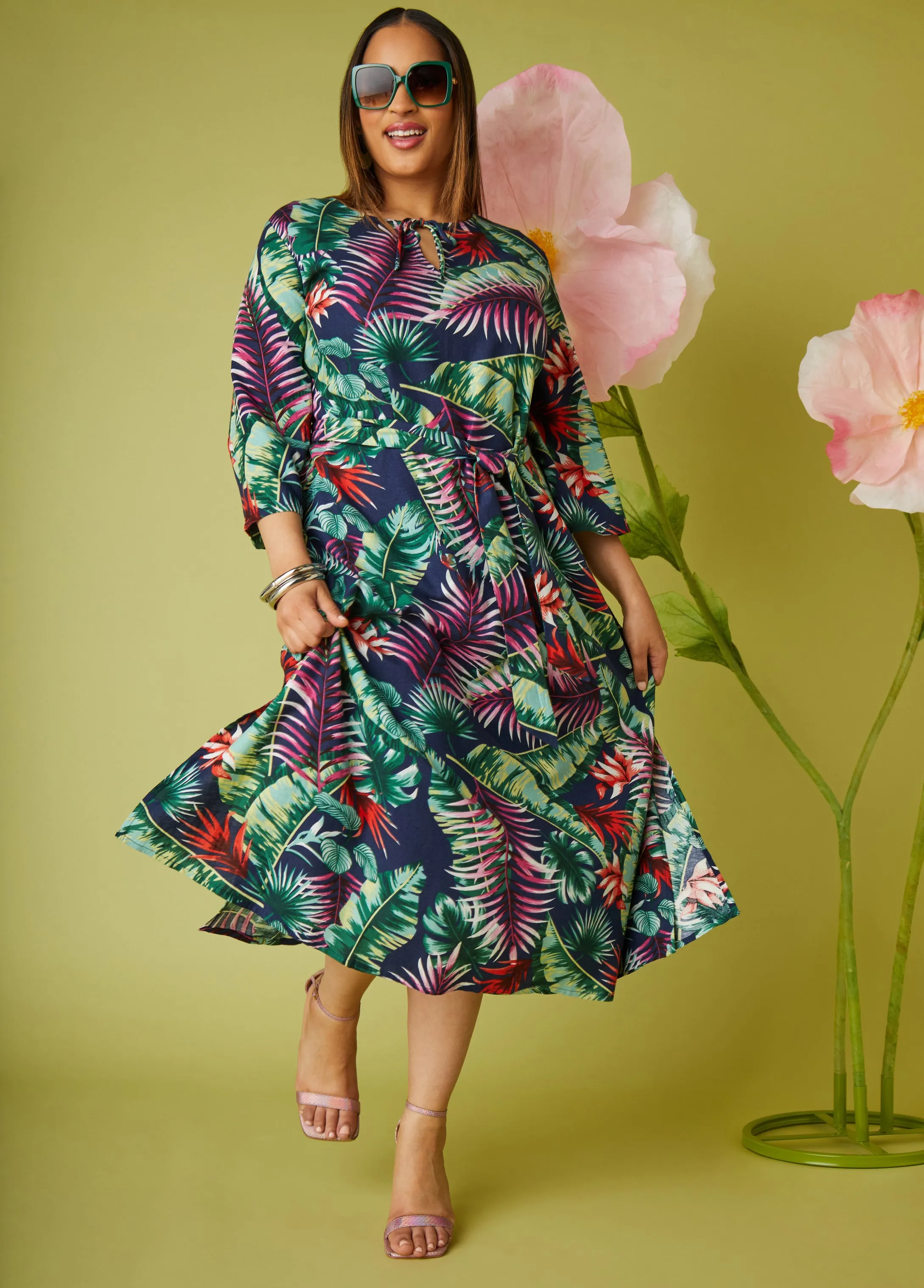 Belted Tropical Print Maxi Dress sold by Ashley Stewart