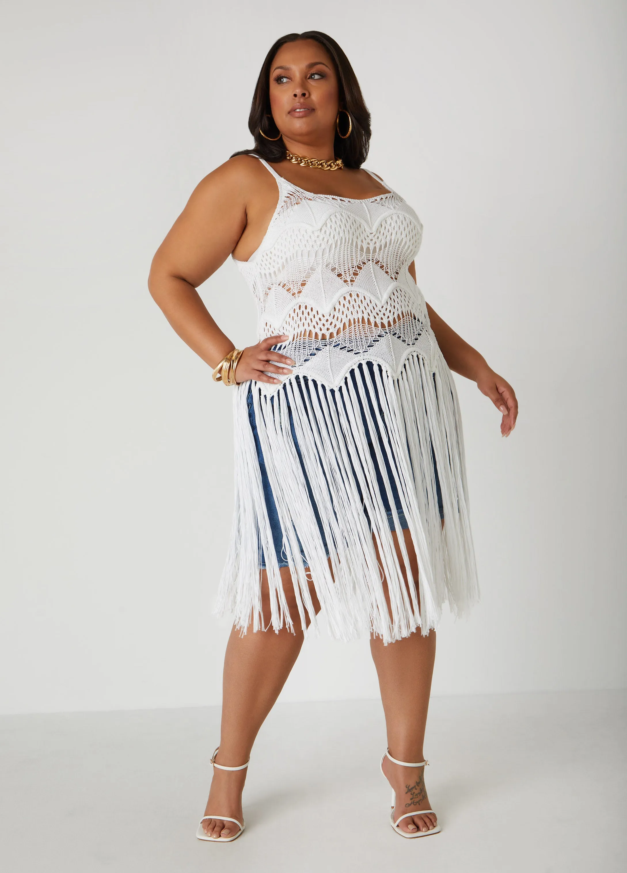 Crochet Knit Fringed Top sold by Ashley Stewart