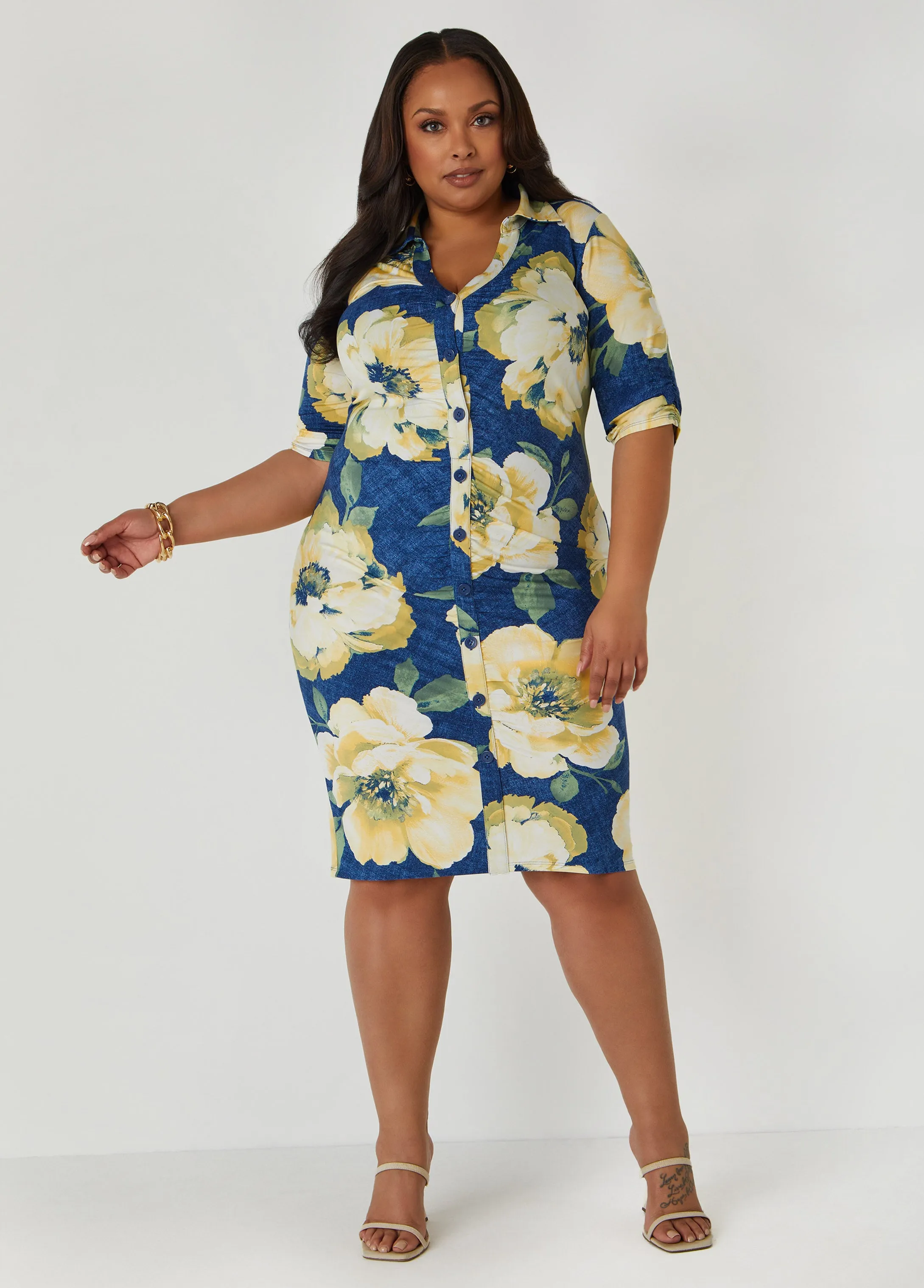 Ruched Floral Print Shirtdress sold by Ashley Stewart product image thumbnail 5