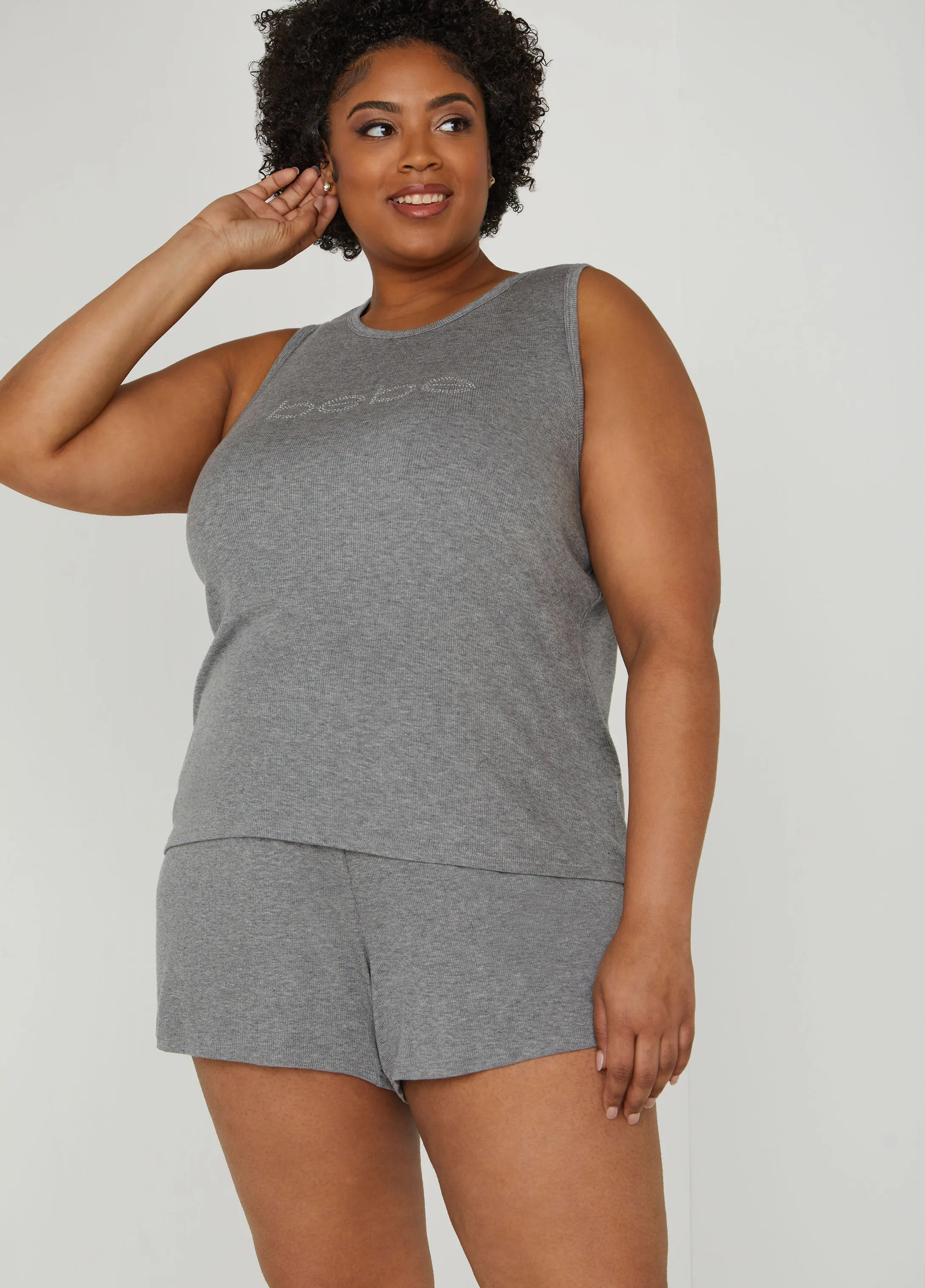 Bebe Ribbed Crystal Shorts Set sold by Ashley Stewart