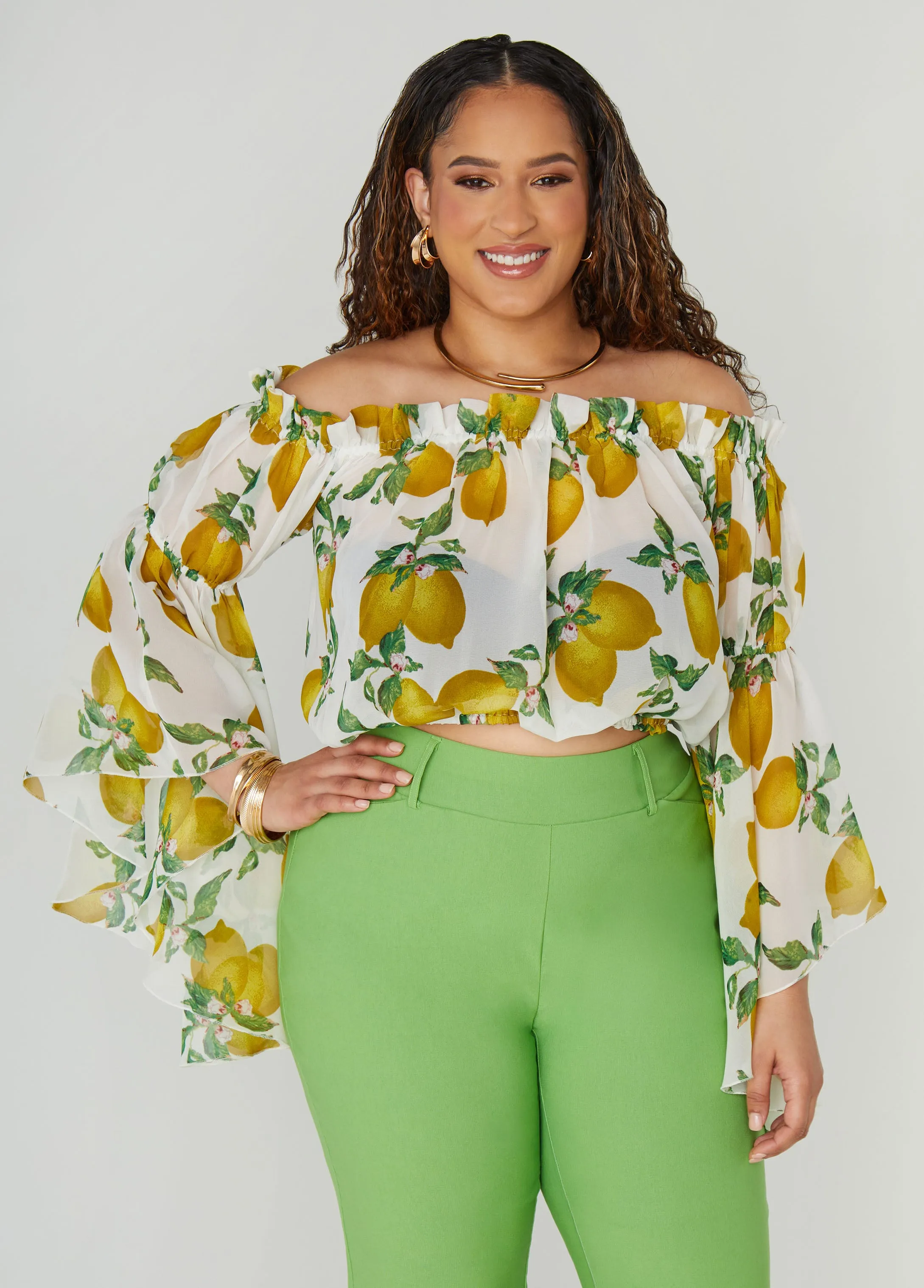 Off The Shoulder Lemon Print Top sold by Ashley Stewart