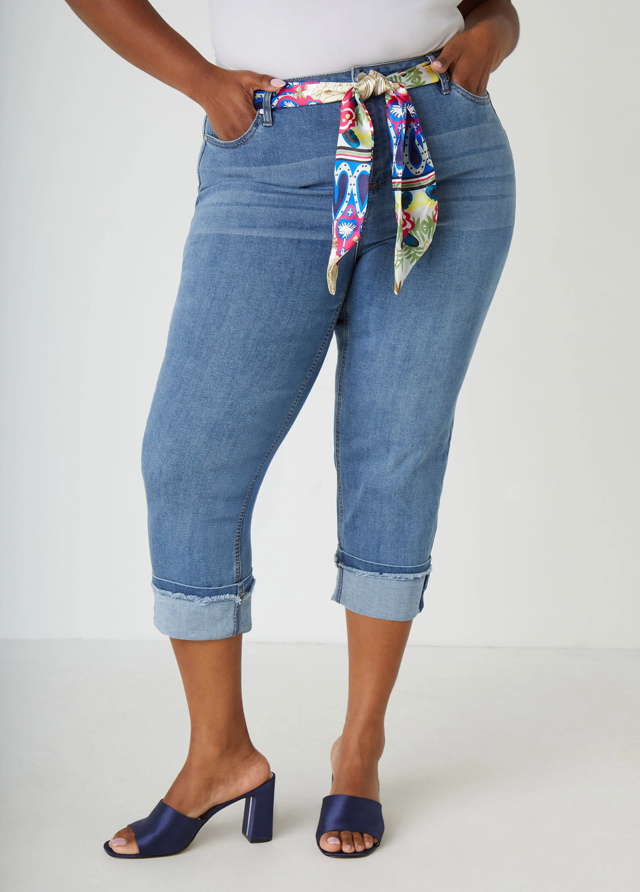 Scarf Belt Stretch Denim Capris sold by Ashley Stewart