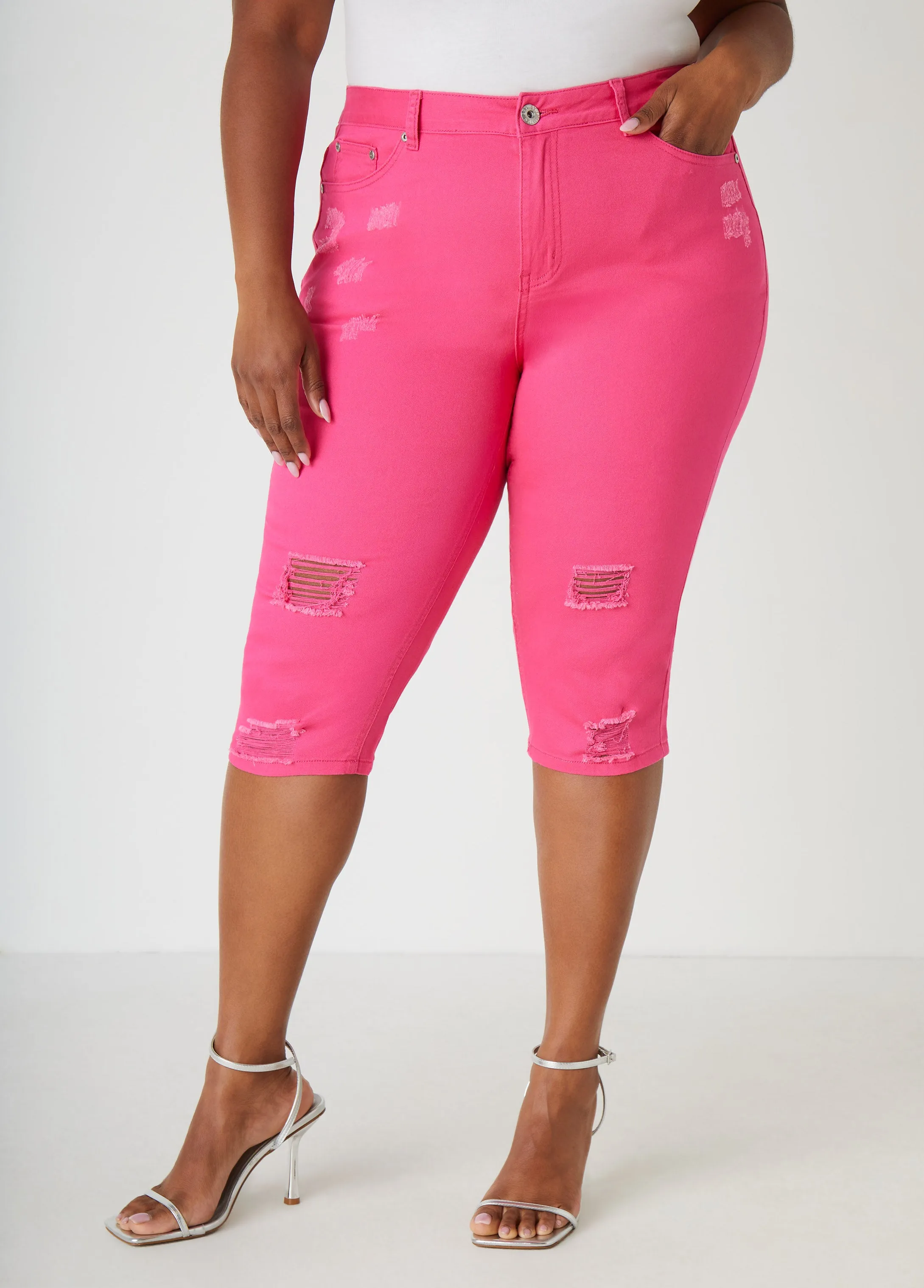 Distressed High Rise Denim Capris sold by Ashley Stewart