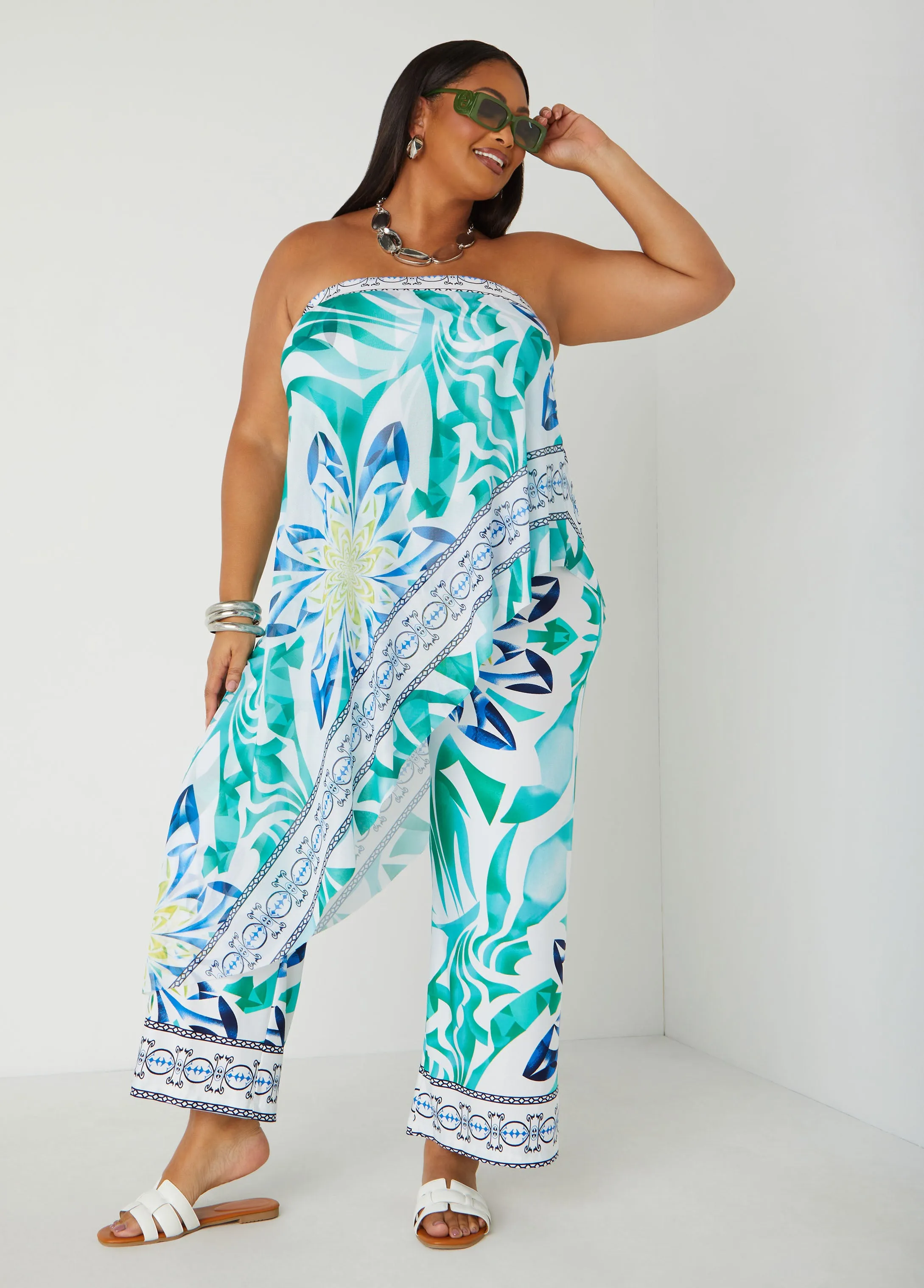 Layered Tropical Print Jumpsuit sold by Ashley Stewart