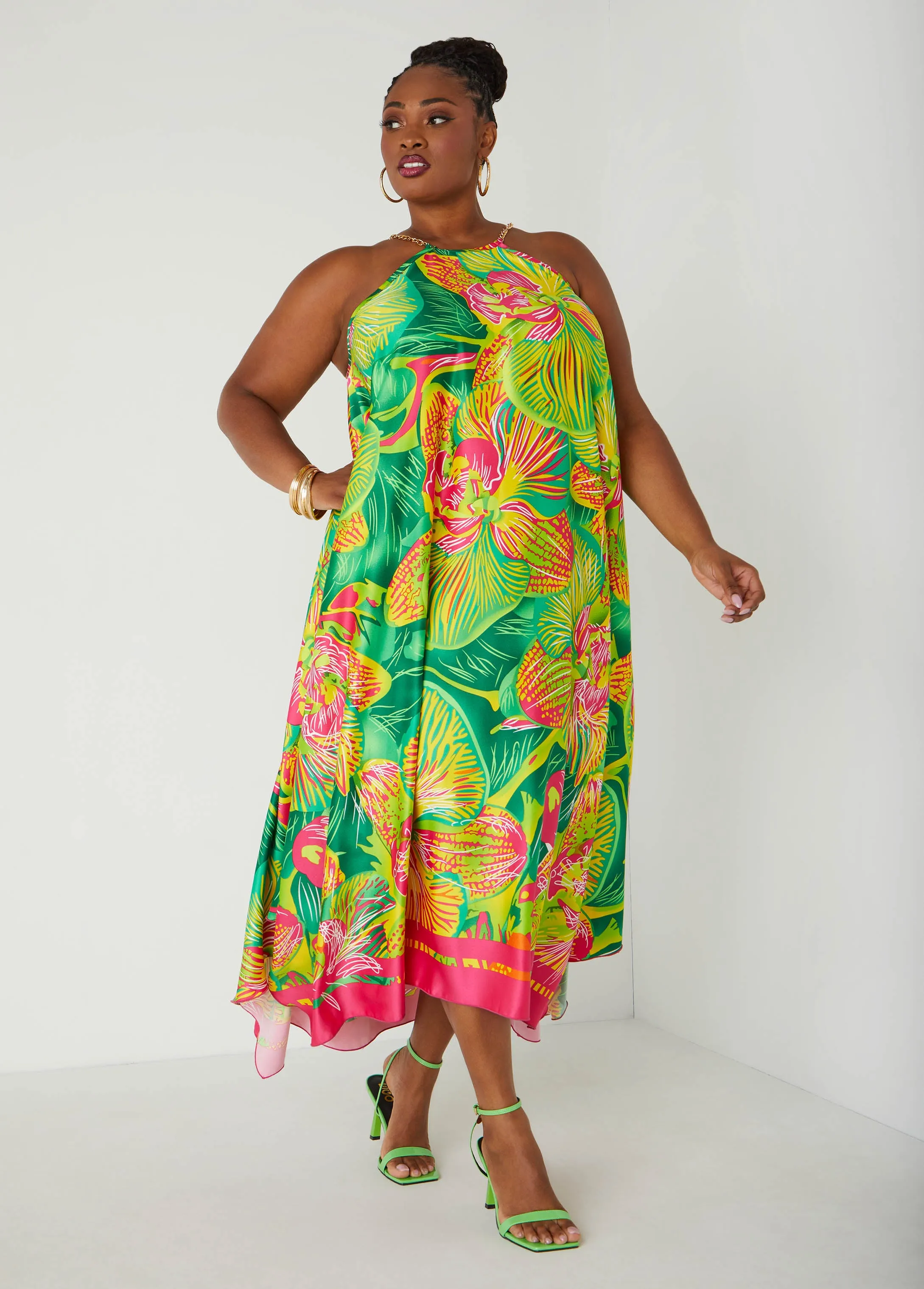 Chain Trimmed Tropical Print Dress sold by Ashley Stewart product image thumbnail 3