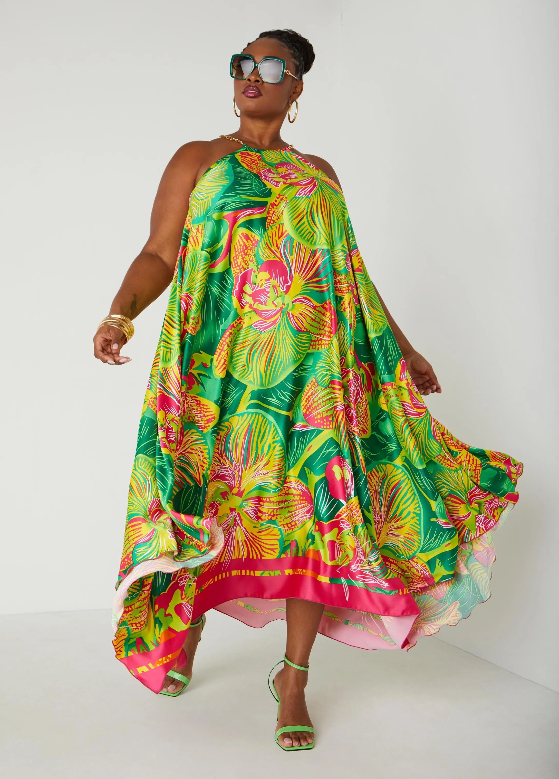 Chain Trimmed Tropical Print Dress sold by Ashley Stewart
