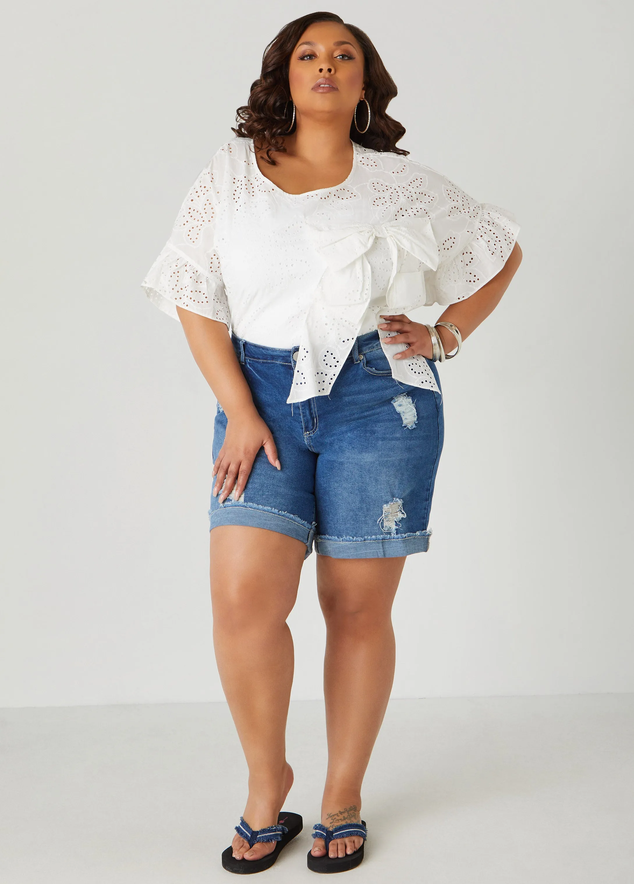 Bow Embellished Eyelet Blouse sold by Ashley Stewart product image thumbnail 3