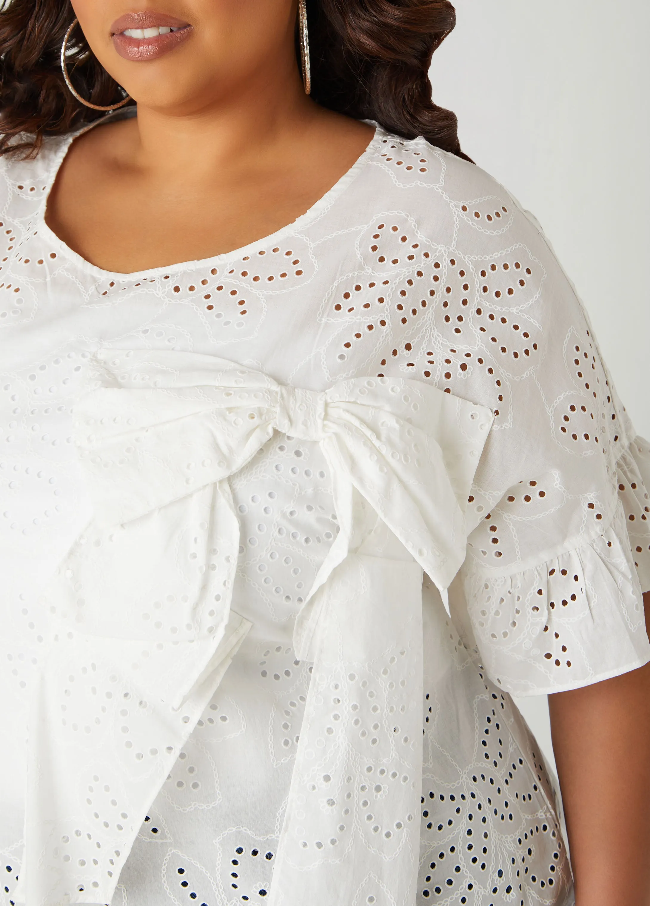 Bow Embellished Eyelet Blouse sold by Ashley Stewart product image thumbnail 4