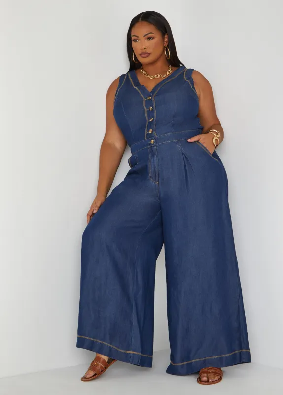 Wide Leg Chambray Jumpsuit sold by Ashley Stewart