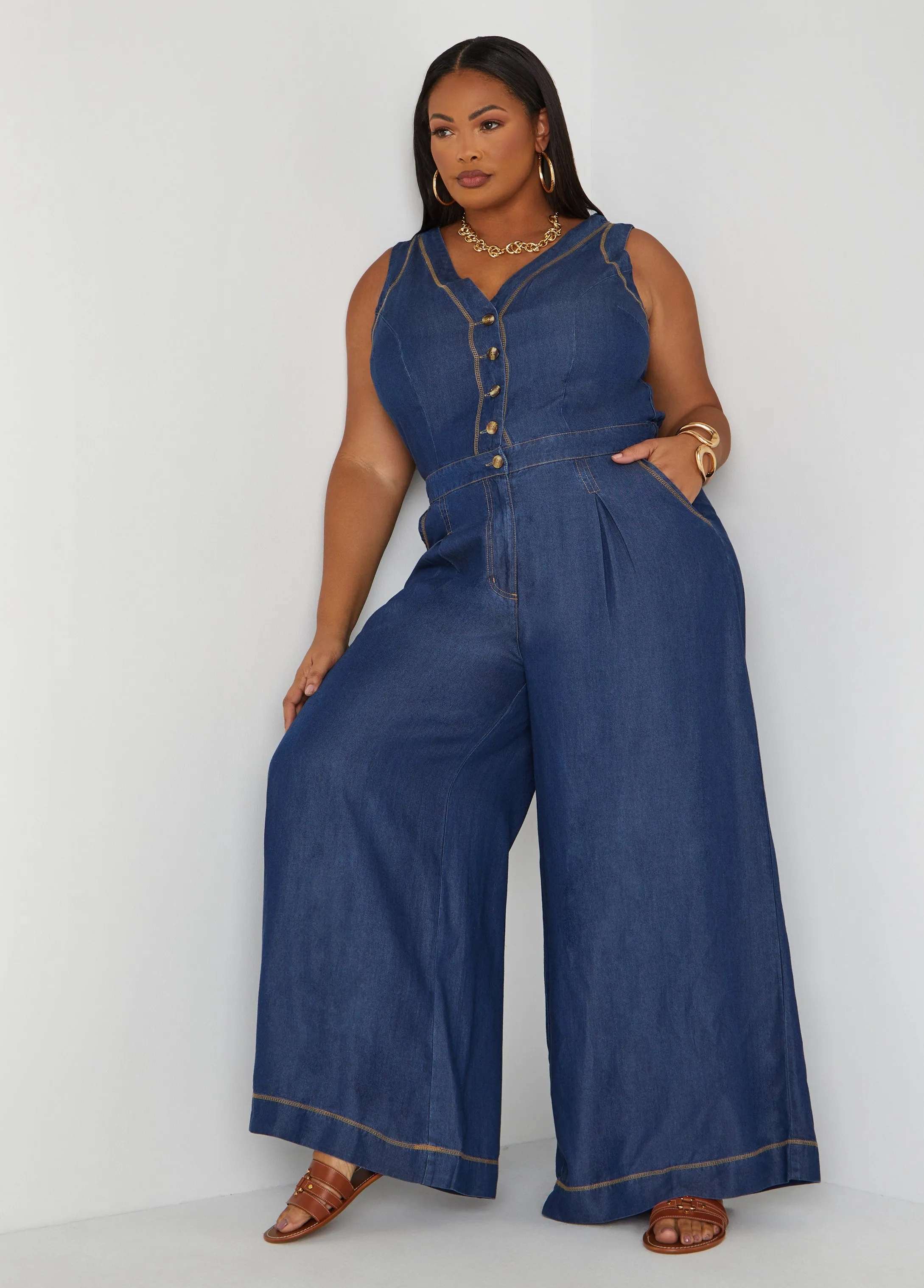 Wide Leg Chambray Jumpsuit sold by Ashley Stewart