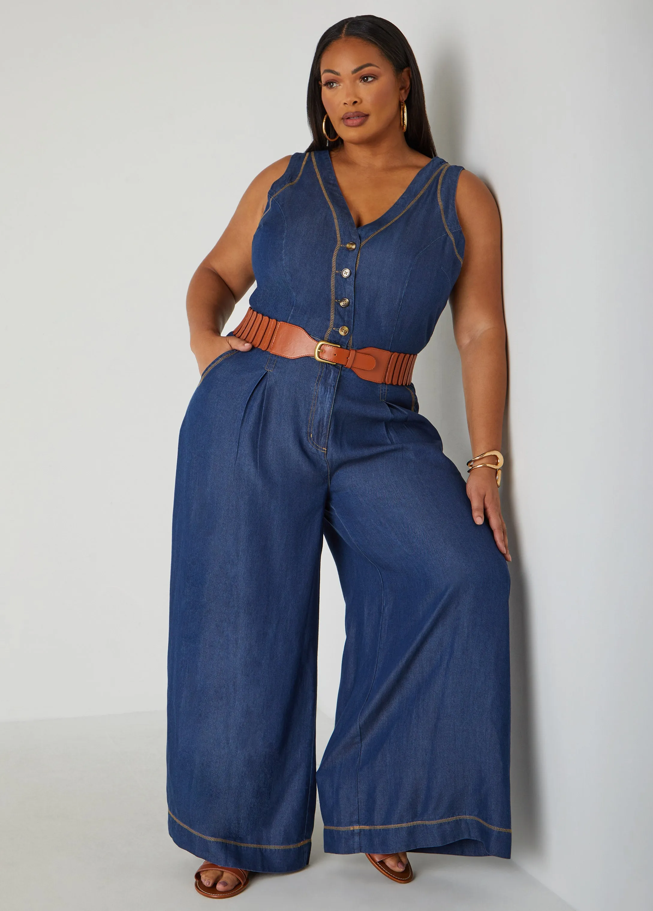 Wide Leg Chambray Jumpsuit sold by Ashley Stewart product image thumbnail 5