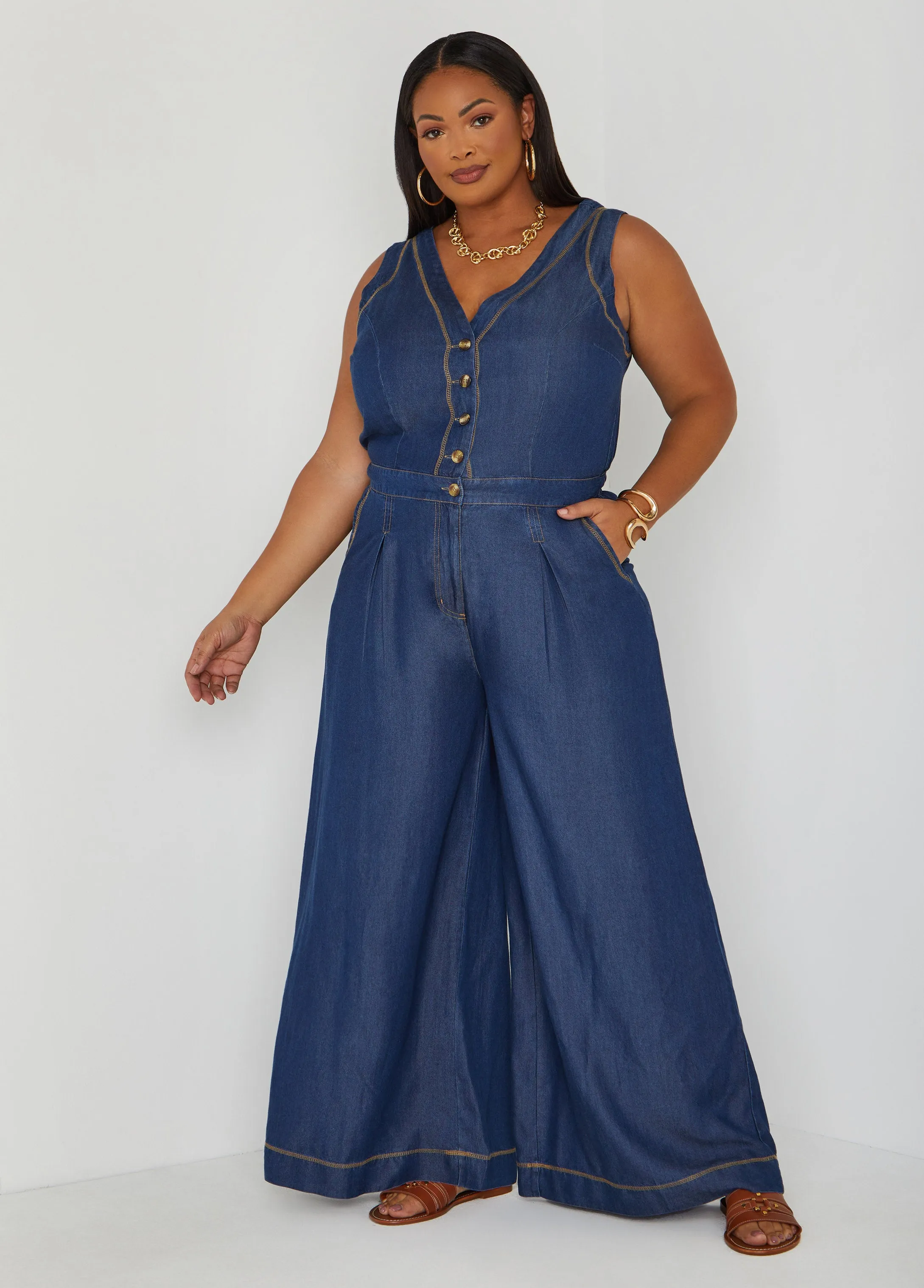 Wide Leg Chambray Jumpsuit sold by Ashley Stewart product image thumbnail 3