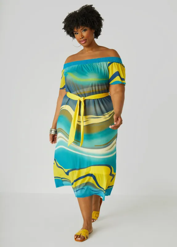 Off The Shoulder Printed Mesh Dress sold by Ashley Stewart