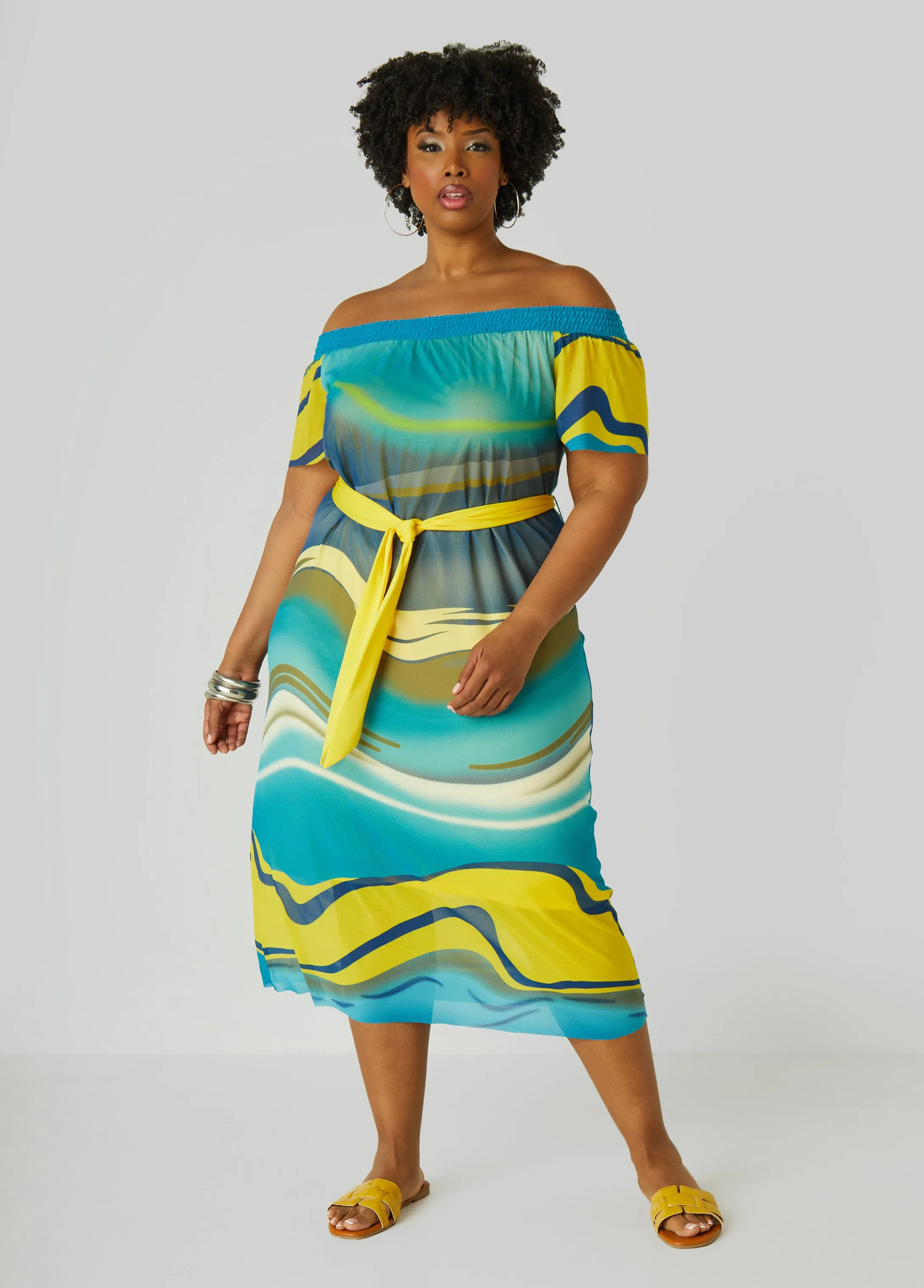 Off The Shoulder Printed Mesh Dress sold by Ashley Stewart product image thumbnail 3