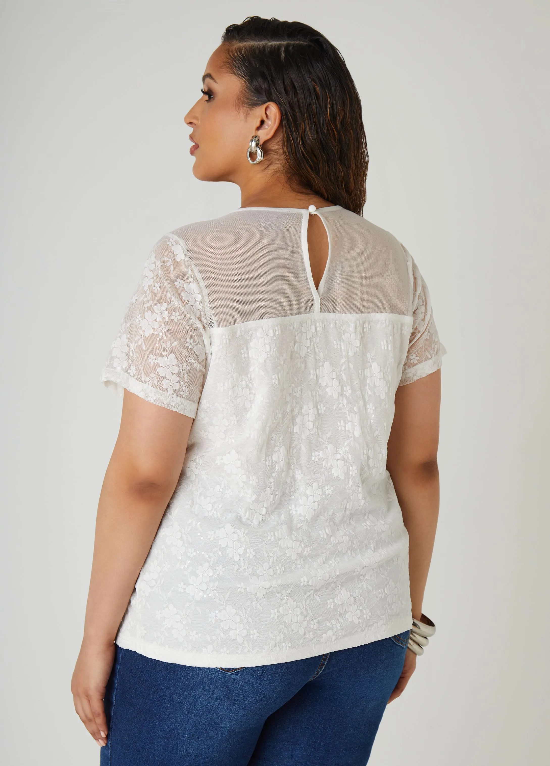 Sequined Floral Mesh Top sold by Ashley Stewart product image thumbnail 2