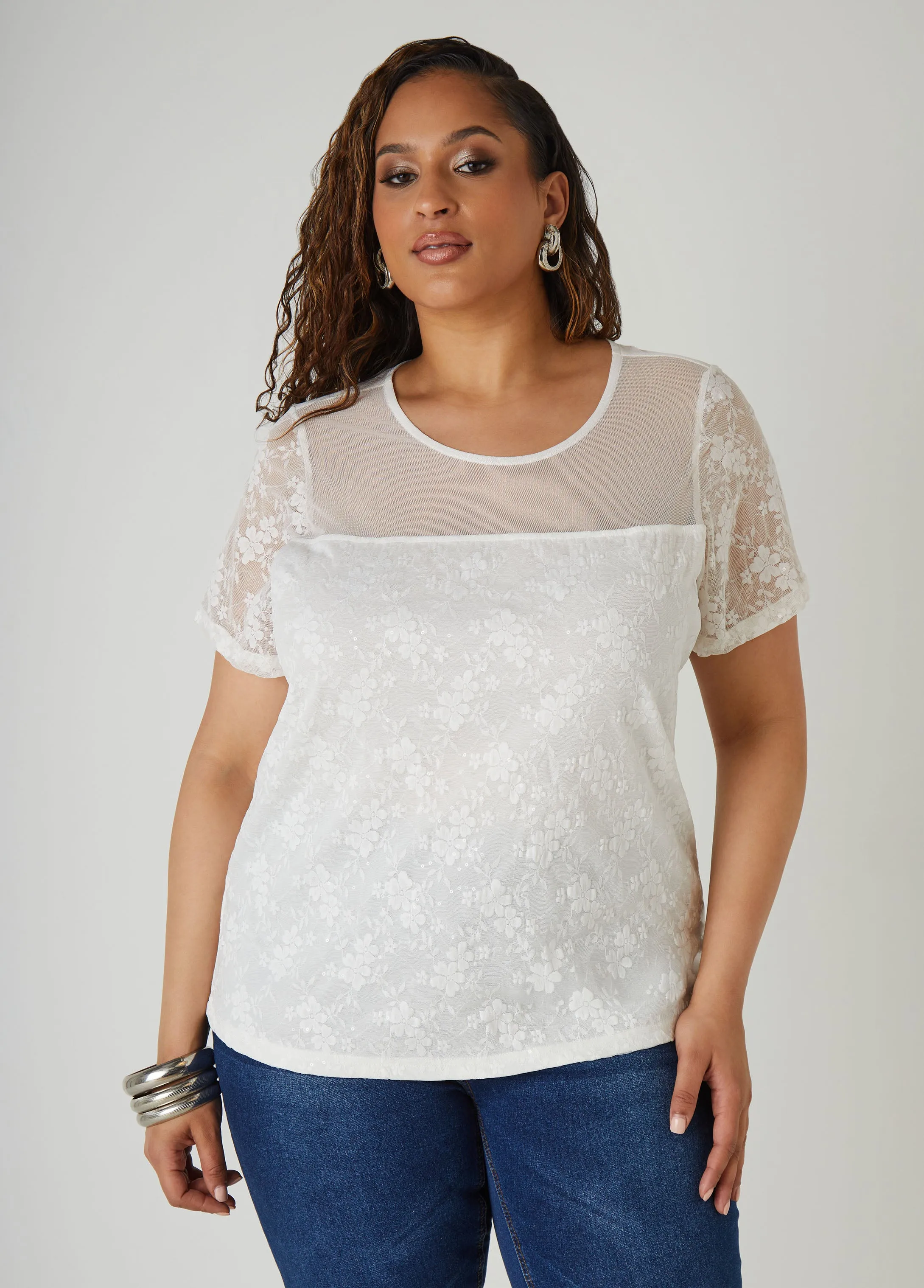 Sequined Floral Mesh Top sold by Ashley Stewart product image thumbnail 3