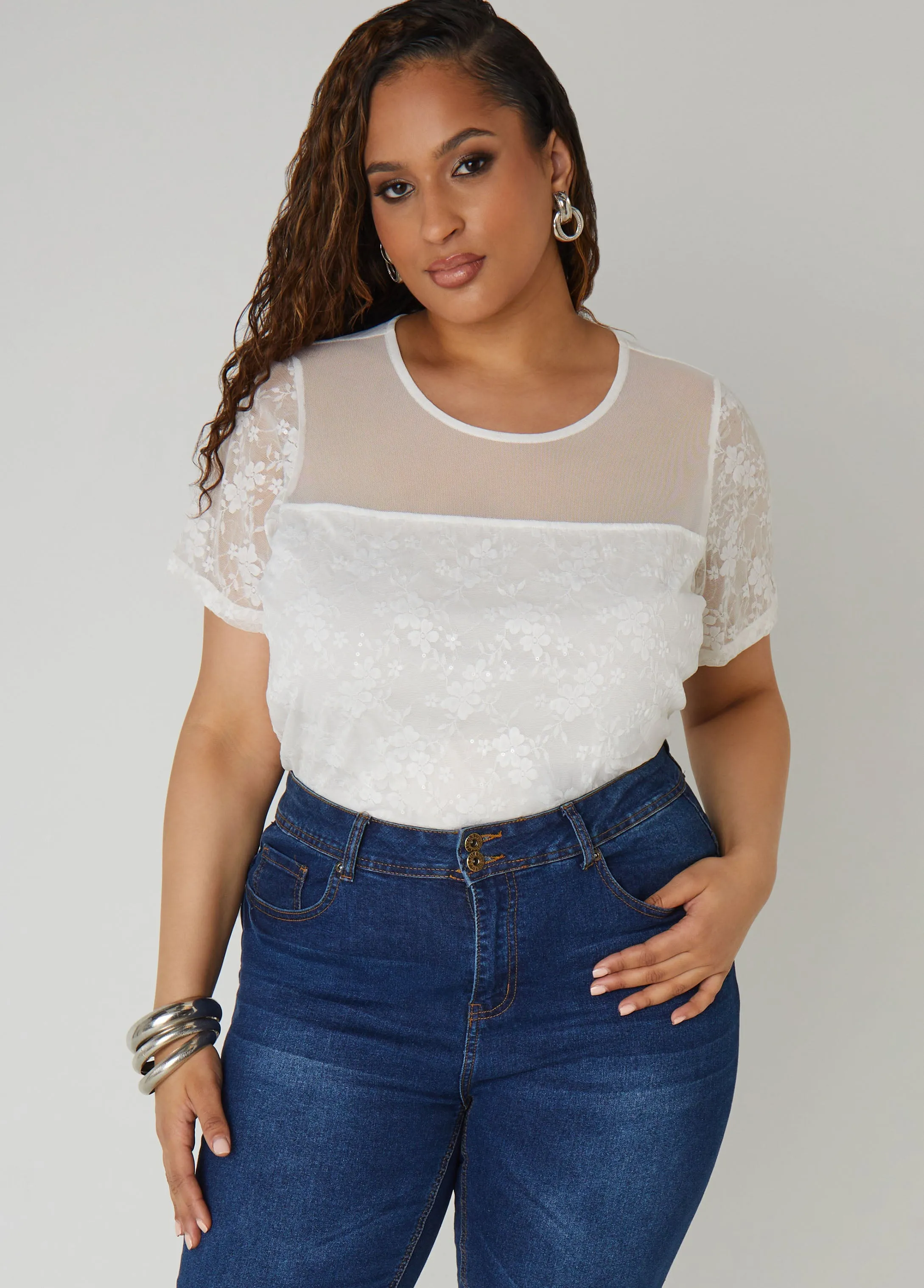 Sequined Floral Mesh Top sold by Ashley Stewart