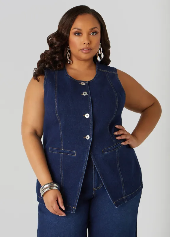 Button Front Denim Vest sold by Ashley Stewart