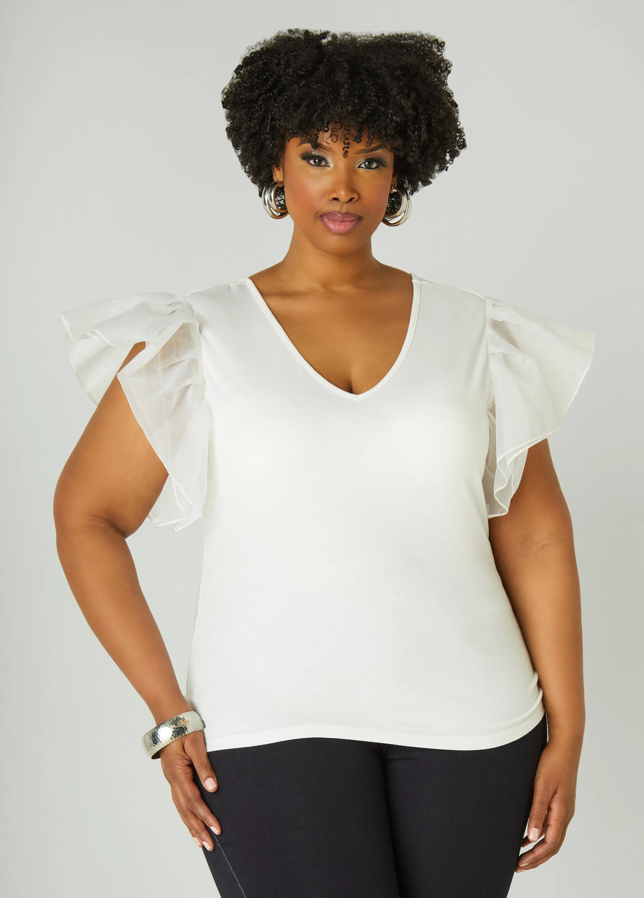 Organza Sleeve Paneled Tee sold by Ashley Stewart