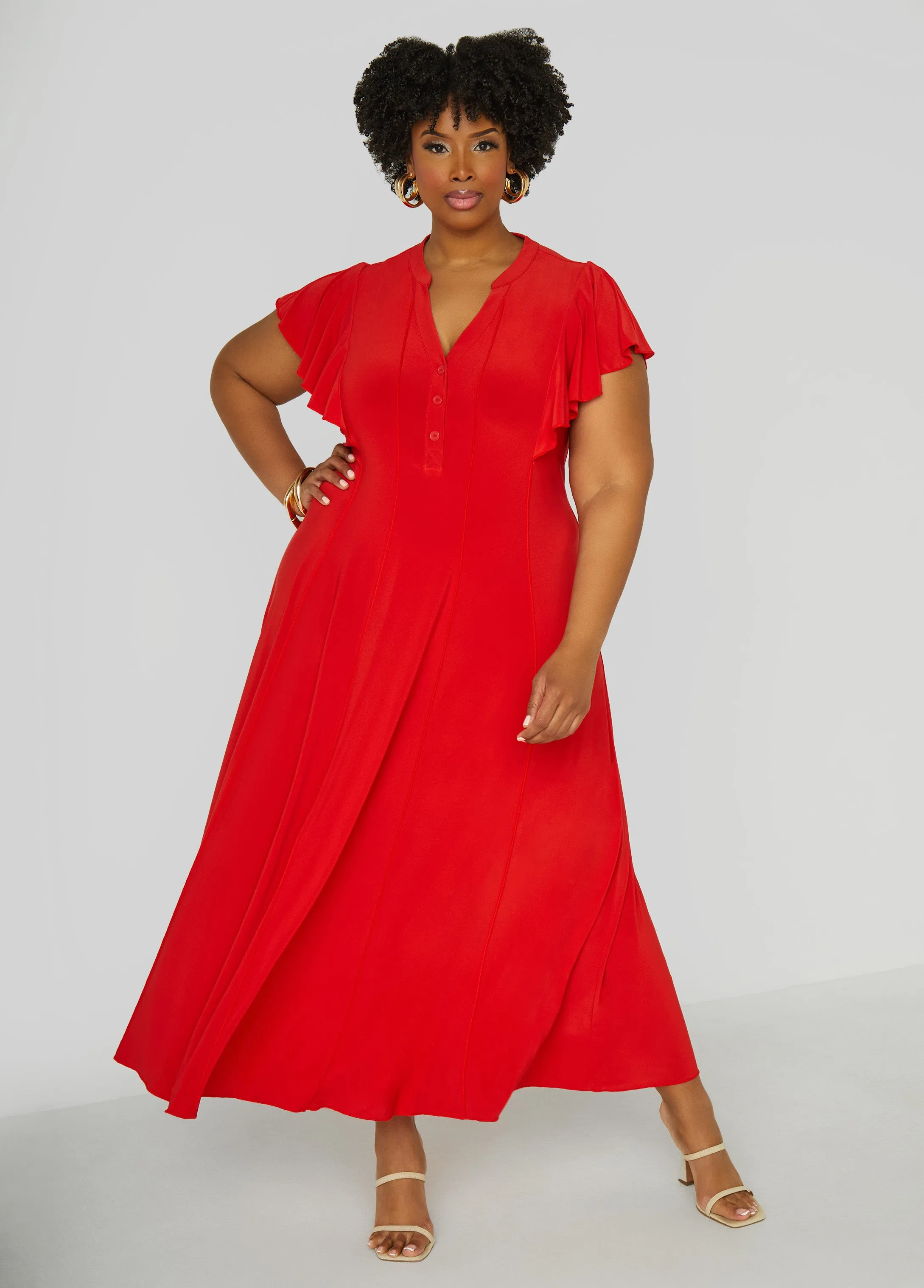 Ruffle Sleeved Seamed Maxi Dress sold by Ashley Stewart