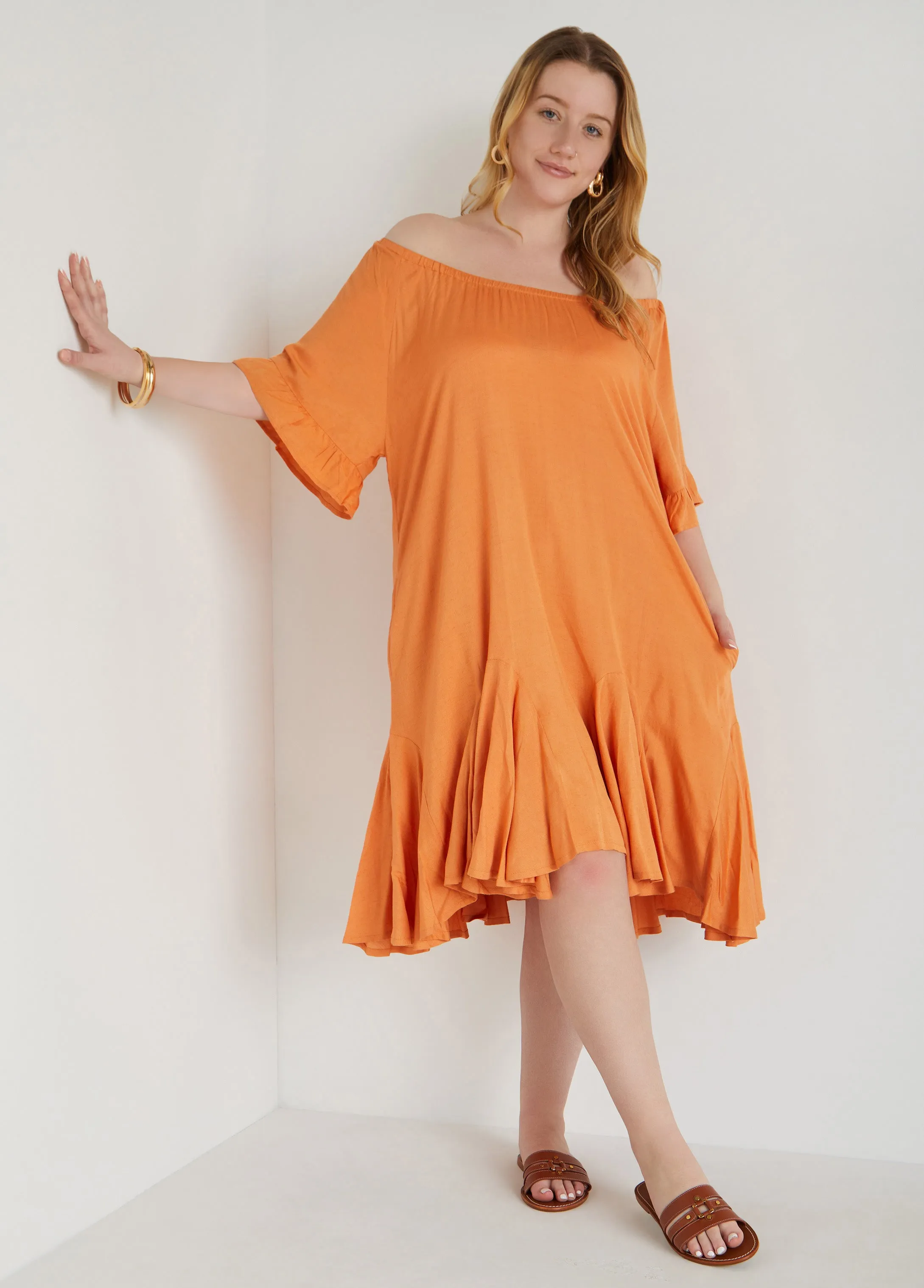 Flounced Off The Shoulder Dress sold by Ashley Stewart