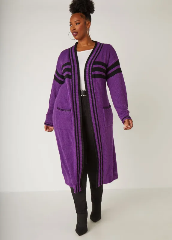 Open Front Striped Pocketed Cardigan sold by Ashley Stewart