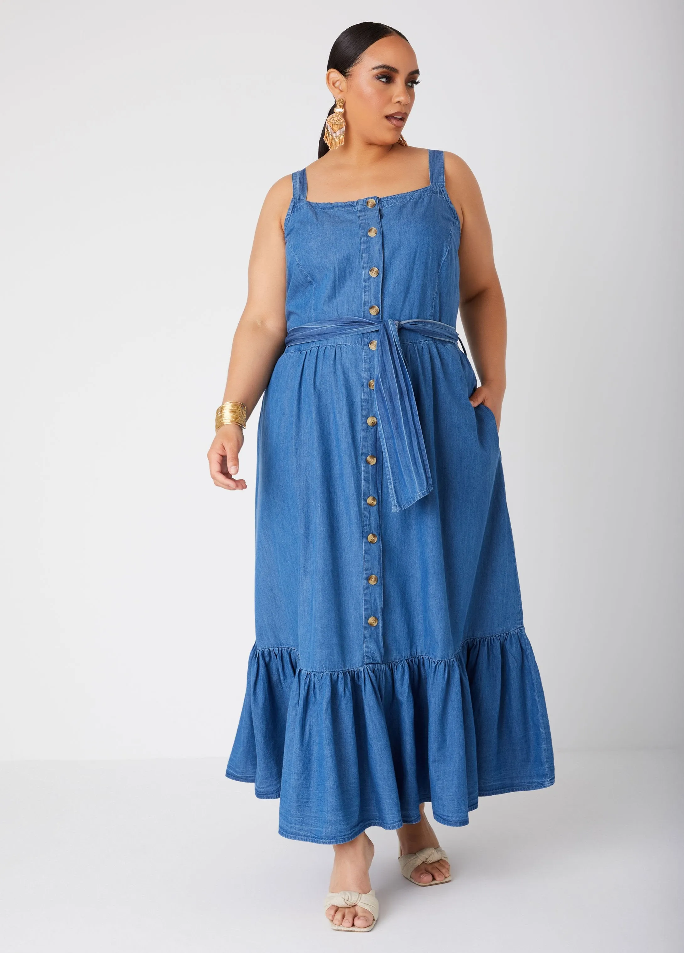 Flounced Chambray Maxi Dress sold by Ashley Stewart product image thumbnail 4