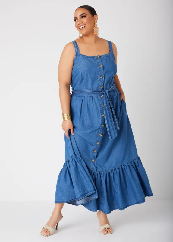 Flounced Chambray Maxi Dress sold by Ashley Stewart