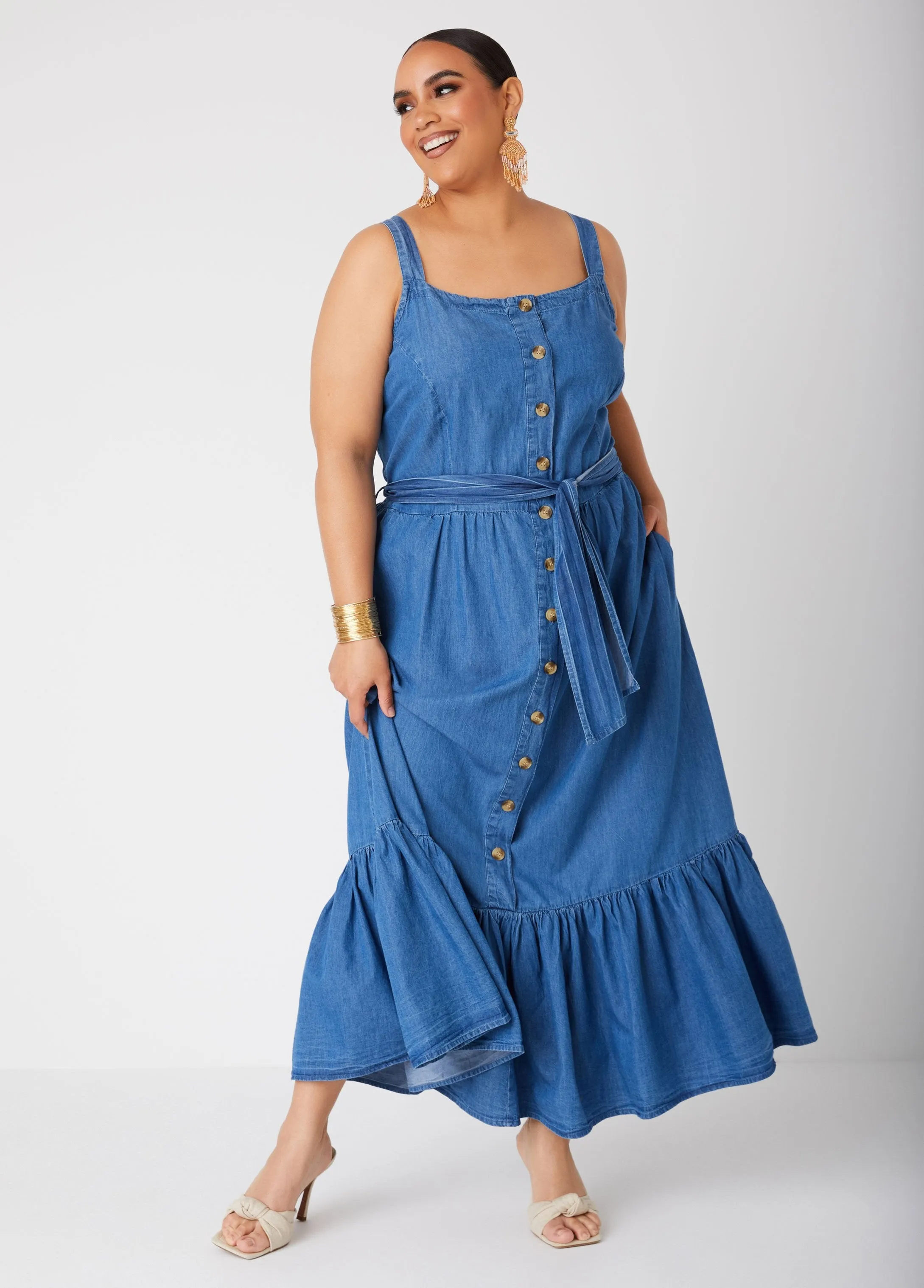 Flounced Chambray Maxi Dress sold by Ashley Stewart