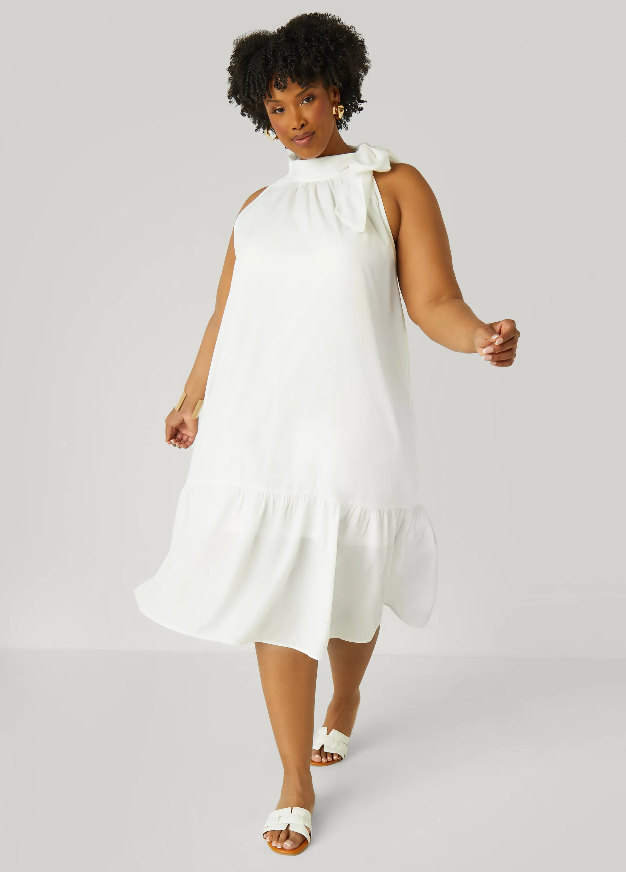 Flounced Tie Neck Midi Dress sold by Ashley Stewart