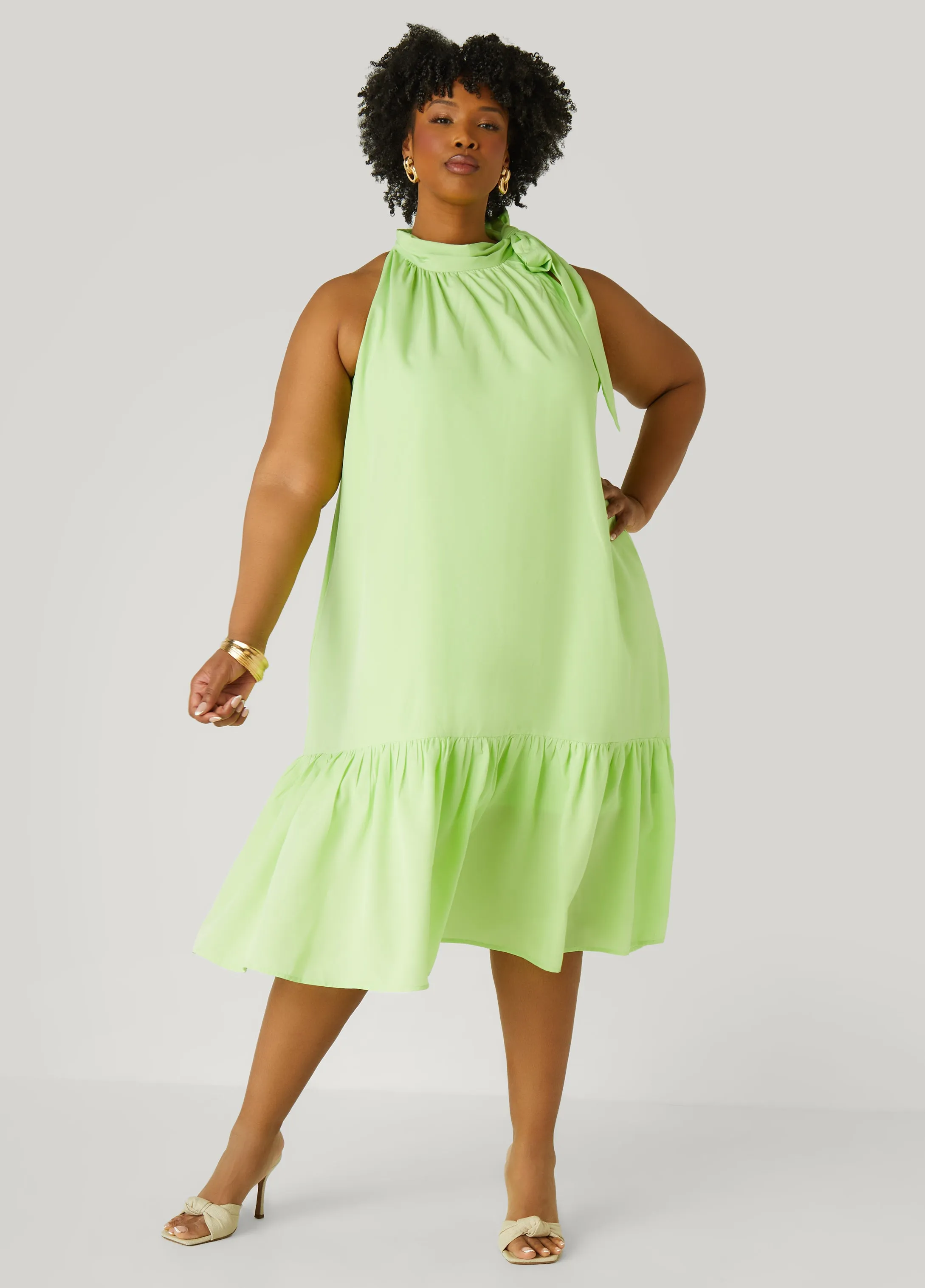 Tie Neck Flounced Midi Dress sold by Ashley Stewart