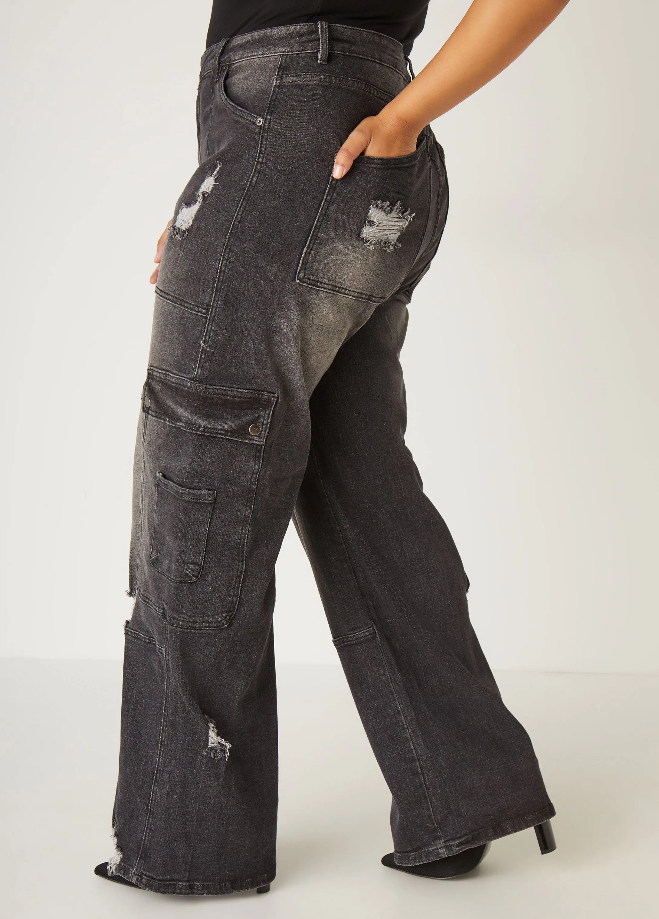 High Rise Distressed Cargo Jeans sold by Ashley Stewart product image thumbnail 4